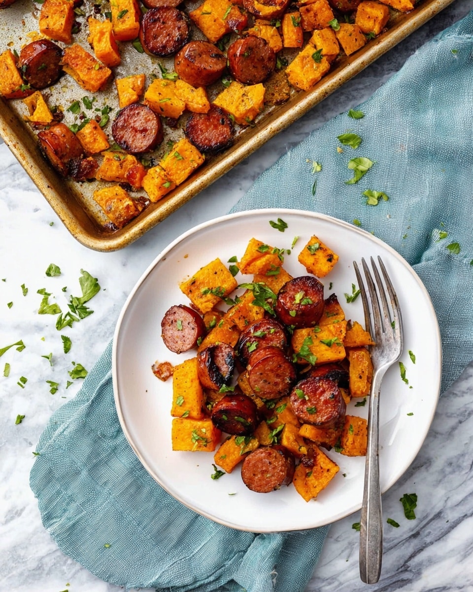 A white plate filled with two layers: the bottom layer has small orange cubes with a slightly charred, roasted texture, and the top layer shows several round slices of glossy brown sausage scattered on the cubes. Both layers are sprinkled with fresh green chopped herbs. A silver fork rests on the right edge of the plate. Next to the plate is a white baking tray holding more of the same sausage slices and orange cubes, with some scattered herbs. The tray sits on a white marbled surface with a light blue cloth nearby. Photo taken with an iphone --ar 4:5 --v 7