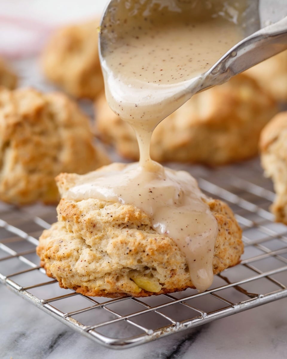 The image shows several soft, rustic drop cookies with a light brown, slightly lumpy surface dotted with small dark specks. Each cookie has visible chunks of pale yellow pieces embedded throughout. The cookies rest on a cooling rack with a shiny metal grid pattern, set against a white marbled surface. The overall look is warm and homemade, with the cookies appearing thick and slightly uneven in shape. In the corner, part of a red and white striped cloth is visible. Photo taken with an iphone --ar 4:5 --v 7