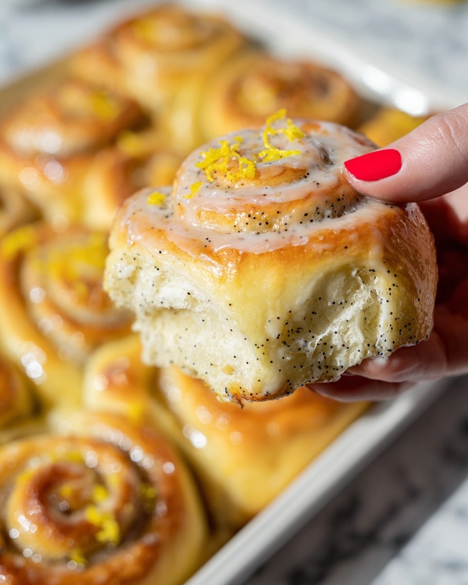 The image shows a close-up of a single lemon poppy seed roll being held by a woman's hand. The roll is spiral-shaped with three visible layers: a golden-brown soft dough with black poppy seeds, a thick creamy white icing layer generously covering the dough, and a topping of bright yellow lemon zest scattered across the top and inside the swirls. The background is a white marbled texture with blurred similar rolls. The lighting highlights the shiny glaze and soft texture of the roll, giving it a fresh and inviting look photo taken with an iphone --ar 4:5 --v 7