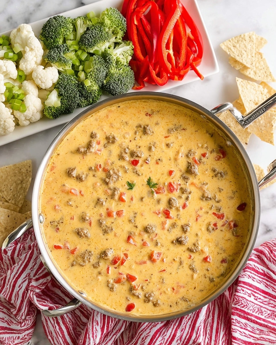 A large silver pan with two handles holds creamy yellow cheese sauce mixed with small brown meat chunks and red tomato pieces, filling the entire pan. Above it, a white rectangular plate is divided into four sections with fresh vegetables: dark green broccoli florets, off-white cauliflower florets, light green bell pepper strips, and bright red bell pepper strips from left to right. To the left, a white marbled surface partly covered by a red and white striped cloth carries a few light beige crunchy scoop-shaped chips scattered around. photo taken with an iphone --ar 4:5 --v 7