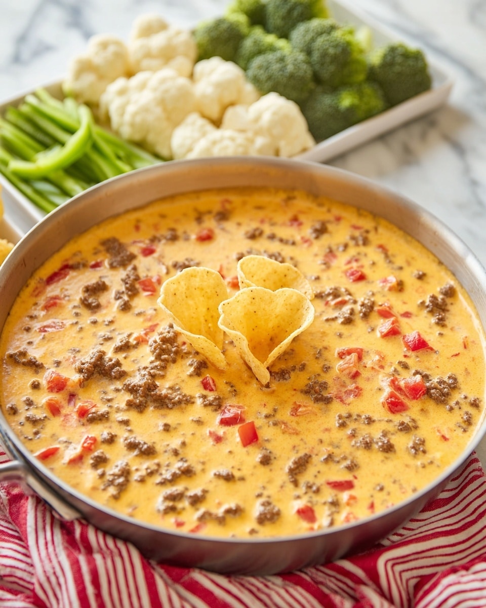 A close-up shows a woman's hand holding a star-shaped, light beige chip dipped in thick, creamy cheese dip with visible browned ground meat and small pieces of red and yellow peppers. The dip is in a white bowl filled to the top with a smooth, rich texture and mixed ingredients. In the background, out of focus, white bowls hold red bell pepper strips and green vegetable sticks on a white marbled surface. The image captures a warm, inviting snack scene with bright colors. photo taken with an iphone --ar 4:5 --v 7