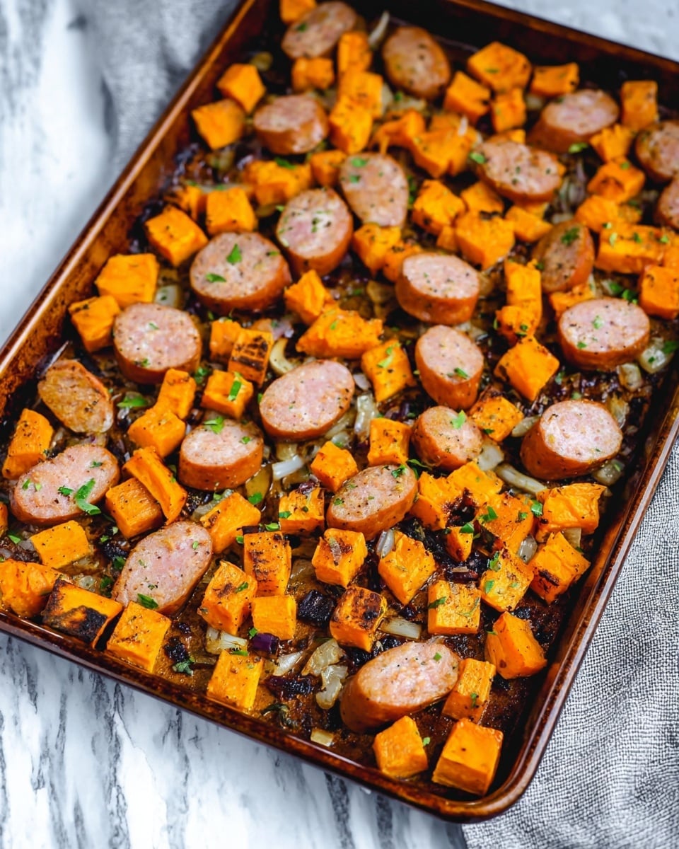 This image shows a baking tray with cooked sausage slices and small orange cubes of sweet potato spread evenly across the tray. The sausage pieces are browned on the outside and cut to show their pink inside, arranged at different angles among the bright roasted orange sweet potato cubes mixed with small bits of dark toasted onion or seasoning. Some green herb bits are scattered on top, adding a fresh touch to the warm colors. The tray is placed on a white marbled surface with a light gray cloth nearby. photo taken with an iphone --ar 4:5 --v 7