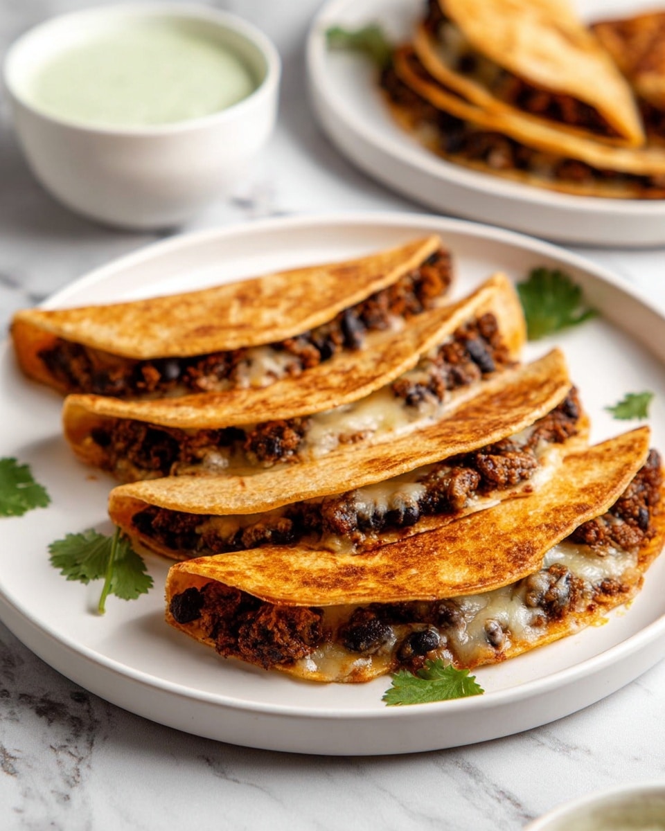 The image shows four golden-brown folded tortillas filled with a dark mixture of black beans and browned ground meat, with a light layer of melted cheese visible inside. The tacos are neatly placed on a white plate, with some small green cilantro leaves scattered around. In the background, there is a white bowl with a creamy light green sauce and another white plate with more filled folded tortillas. The surface is a white marbled texture, and the photo is taken with an iphone --ar 4:5 --v 7
