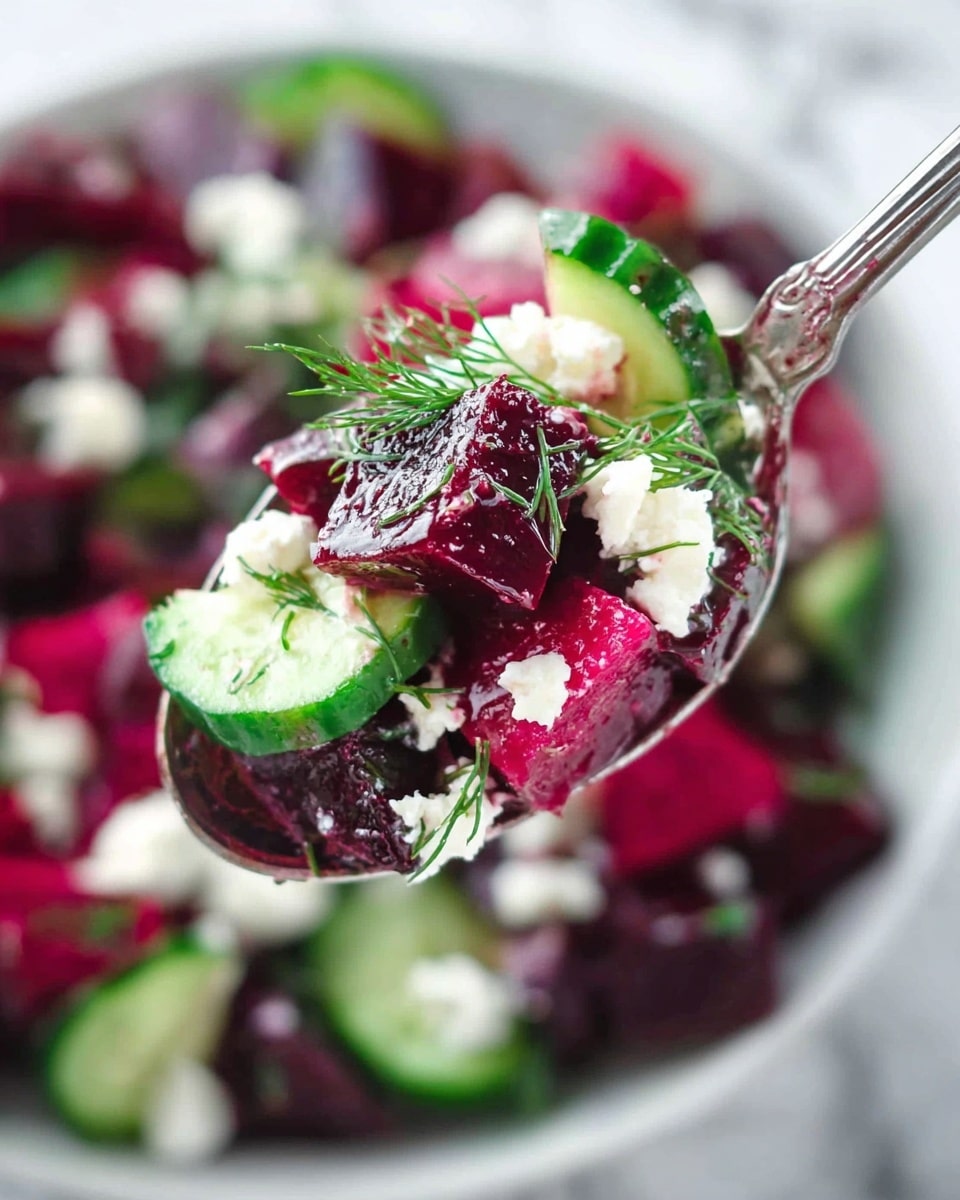 Close-up of a spoon holding a colorful salad consisting of deep red beet cubes, a thin green cucumber slice with a dark green edge and light green inside, white crumbled cheese scattered throughout, and fresh green dill sprigs on top. The salad layers are fresh and vibrant, with a mix of smooth beet texture, crisp cucumber, and soft cheese bits. The background shows the same salad in a white bowl with a white marbled surface beneath. Photo taken with an iphone --ar 4:5 --v 7
