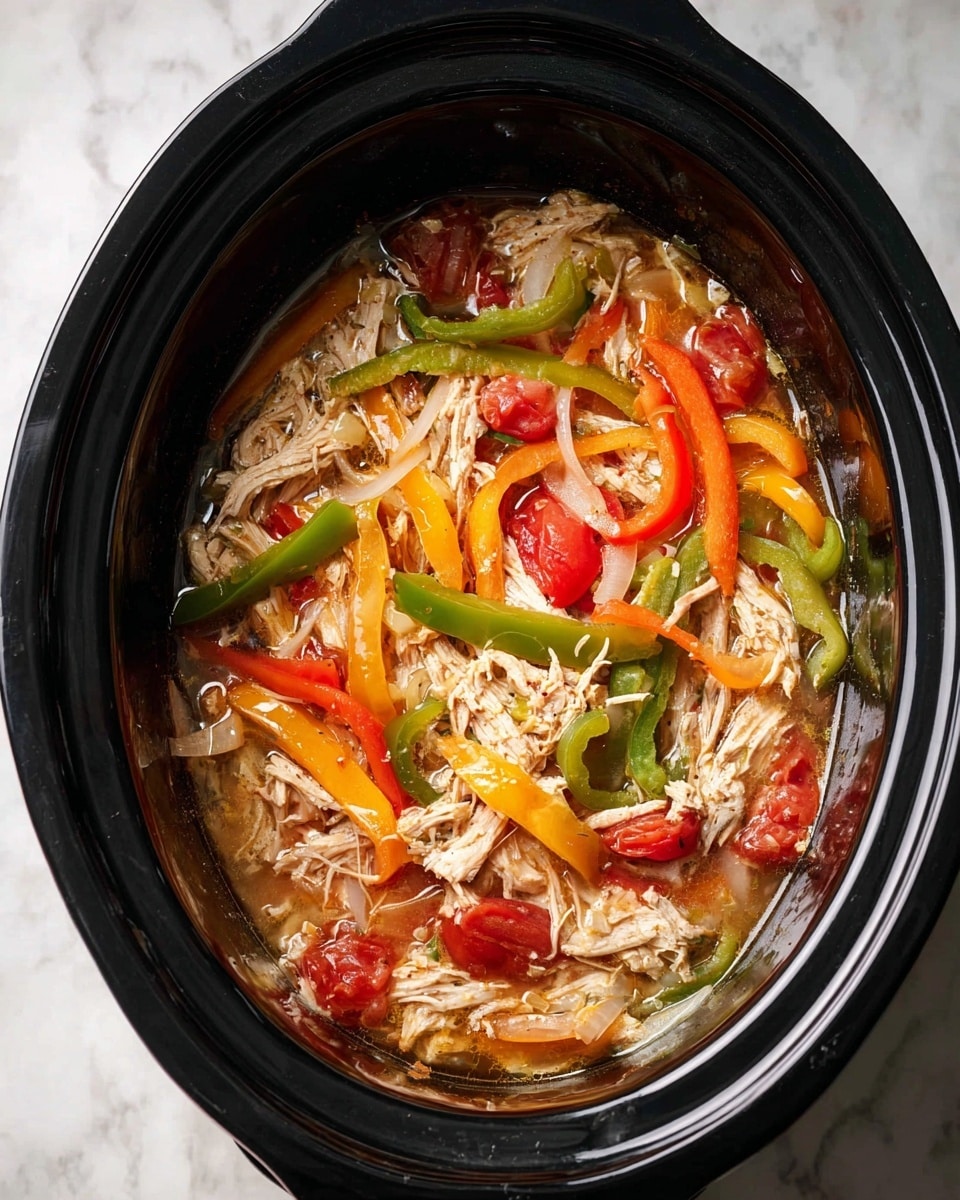 The image shows a black slow cooker filled with shredded light brown chicken mixed with colorful strips of green, red, yellow, and orange bell peppers and translucent white onions, all soaking in a light broth with small pieces of red tomato. The slow cooker is placed on a white marbled surface, creating a clean and bright background. photo taken with an iphone --ar 4:5 --v 7
