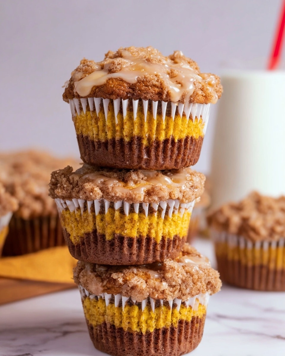 The image shows a close-up of four muffins stacked in a pyramid shape with one on top and three below. Each muffin has a bottom layer that is dark brown with a baked texture, followed by a thick middle layer of a yellow-orange color, and a top layer covered with a crumbly streusel topping in light brown with some drizzle of glaze on top. The muffins are in white paper liners with vertical ridges. The background is a clean white marbled texture, and a blurred white container with a red straw is visible in the background. photo taken with an iphone --ar 4:5 --v 7