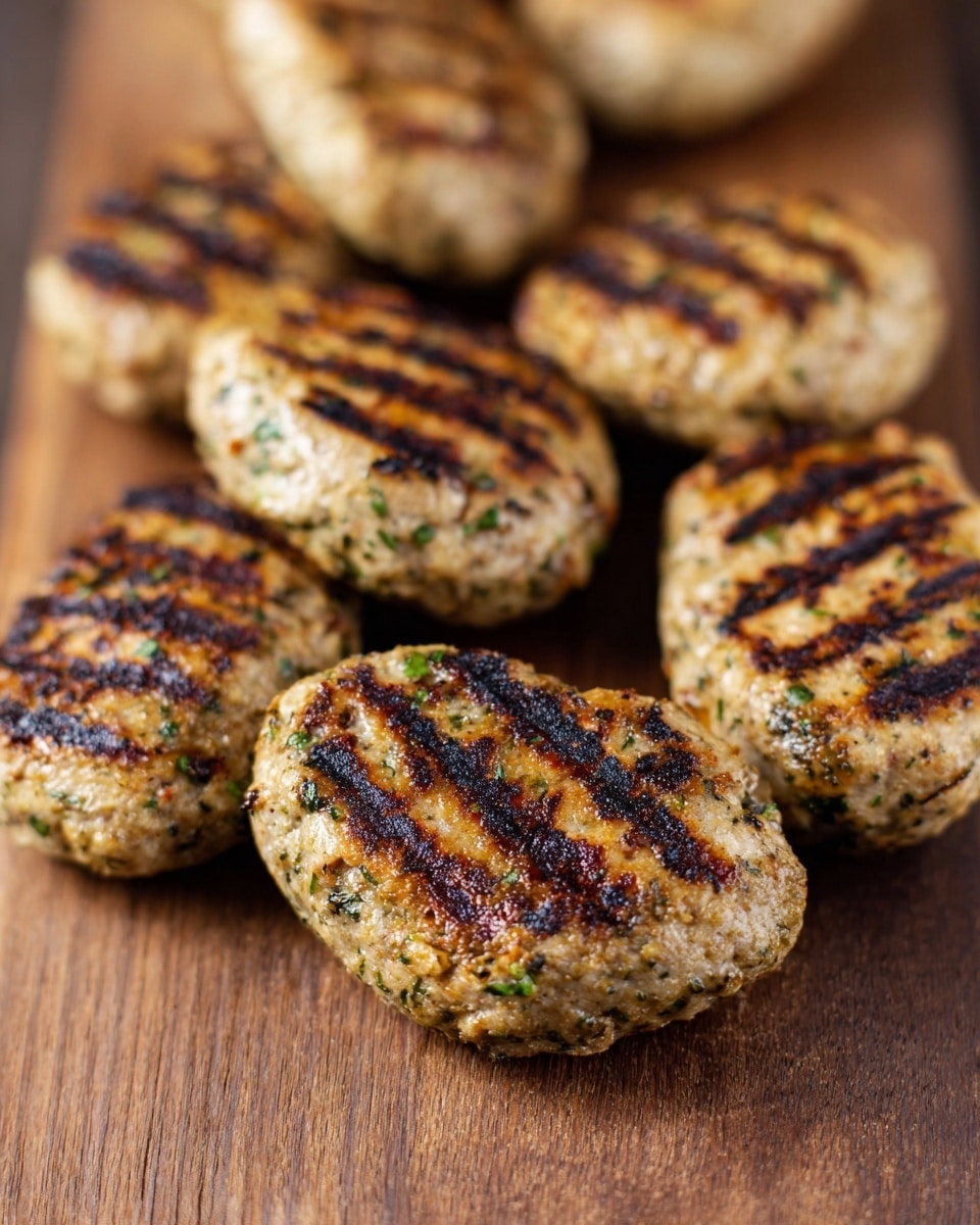 The image shows several small, oval-shaped grilled patties with a light brown color sprinkled with green herbs throughout. They have distinct dark grill marks running across their top surfaces, adding a charred texture. The patties appear slightly rough and uneven, indicating a homemade look, and they are arranged in a scattered pattern on a wooden textured surface. The background is blurred softly to keep focus on the patties. photo taken with an iphone --ar 4:5 --v 7