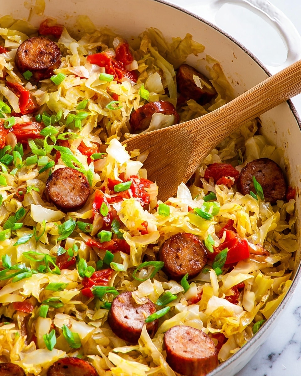 A white bowl with a dark rim holds a mix of sautéed cabbage and sliced brown sausage. The cabbage is light green and pale yellow, with some pieces slightly wilted. Bright red pieces of roasted bell pepper are spread through the bowl. Chopped green onions are sprinkled on top for color. A silver fork rests inside the bowl, ready to eat. In the background, a small clear bowl contains more chopped green onions. The bowl is placed on a white marbled surface. Photo taken with an iphone --ar 4:5 --v 7