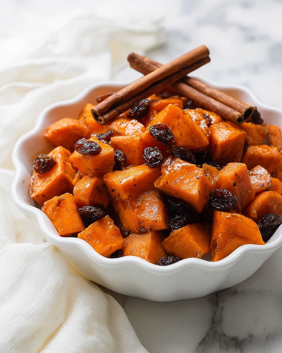 A white scalloped bowl filled with orange cubed sweet potatoes seasoned with cinnamon and mixed with dark brown raisins. On top, a single cinnamon stick lies diagonally, adding a rustic touch. The bowl is placed on a white marbled surface with a soft white cloth partially visible in the background, giving a cozy and fresh look. The sweet potatoes have a shiny glaze that highlights their tender texture, and the raisins add contrast with their dark, wrinkled appearance. Photo taken with an iphone --ar 4:5 --v 7