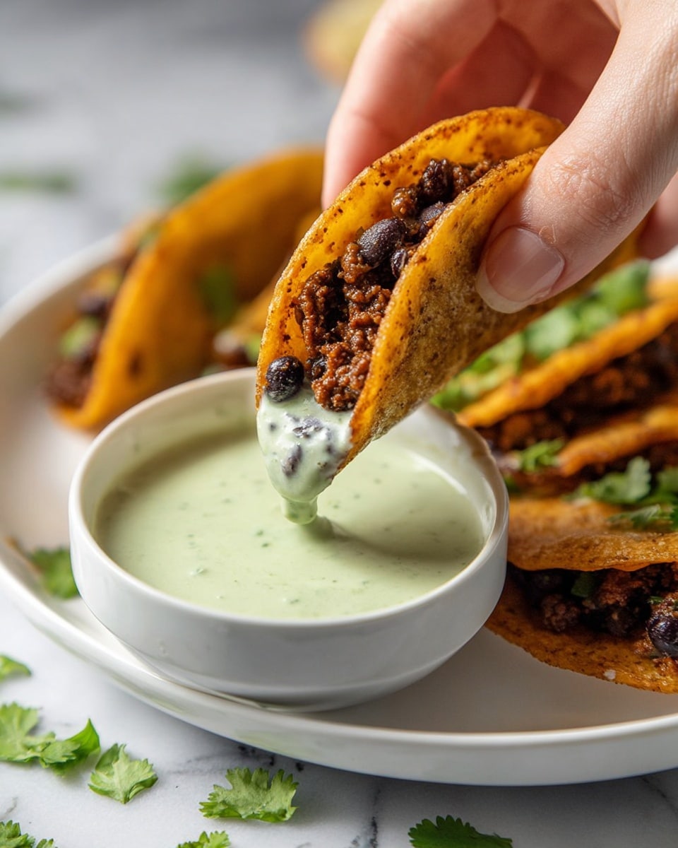 A woman's hand holds a golden-brown taco filled with dark brown cooked meat and black beans, dipping it into a small white bowl of thick, creamy light green sauce with green specks. The taco shell looks crispy and slightly textured. The bowl is placed on a white plate with more tacos inside, showing the same dark filling. Some green cilantro leaves are scattered casually on the white marbled surface around the plate. Photo taken with an iphone --ar 4:5 --v 7