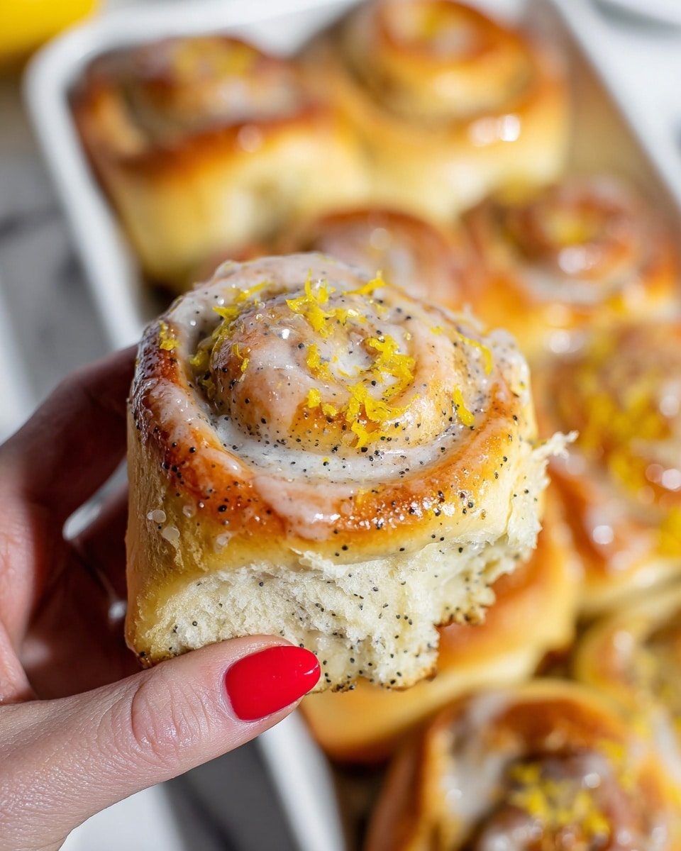 A close-up view of a woman's hand with red nail polish holding a soft, light yellow poppy seed roll with a spiral shape and a shiny glaze on top, sprinkled with bright yellow lemon zest; in the background, a white tray is filled with several similar rolls that have a shiny glaze and light brown tops against a white marbled surface. photo taken with an iphone --ar 4:5 --v 7