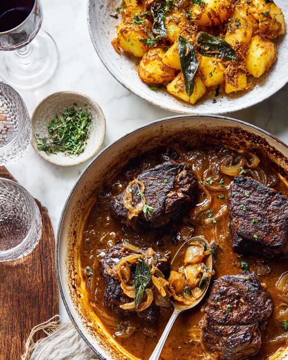 A white bowl contains two main layers: on the left side, dark brown, tender meat pieces covered in a shiny, rich brown sauce with caramelized onion slices and small green thyme leaves on top; on the right side, golden-yellow crispy mashed potato pieces with some darker browned edges and a few green sage leaves mixed in. A silver fork rests on the edge of the mashed potatoes, touching the meat layer slightly. The bowl is set on a wooden surface with a beige cloth underneath. Another white bowl with more mashed potatoes and sage leaves is partly visible at the top right corner. Photo taken with an iphone --ar 4:5 --v 7
