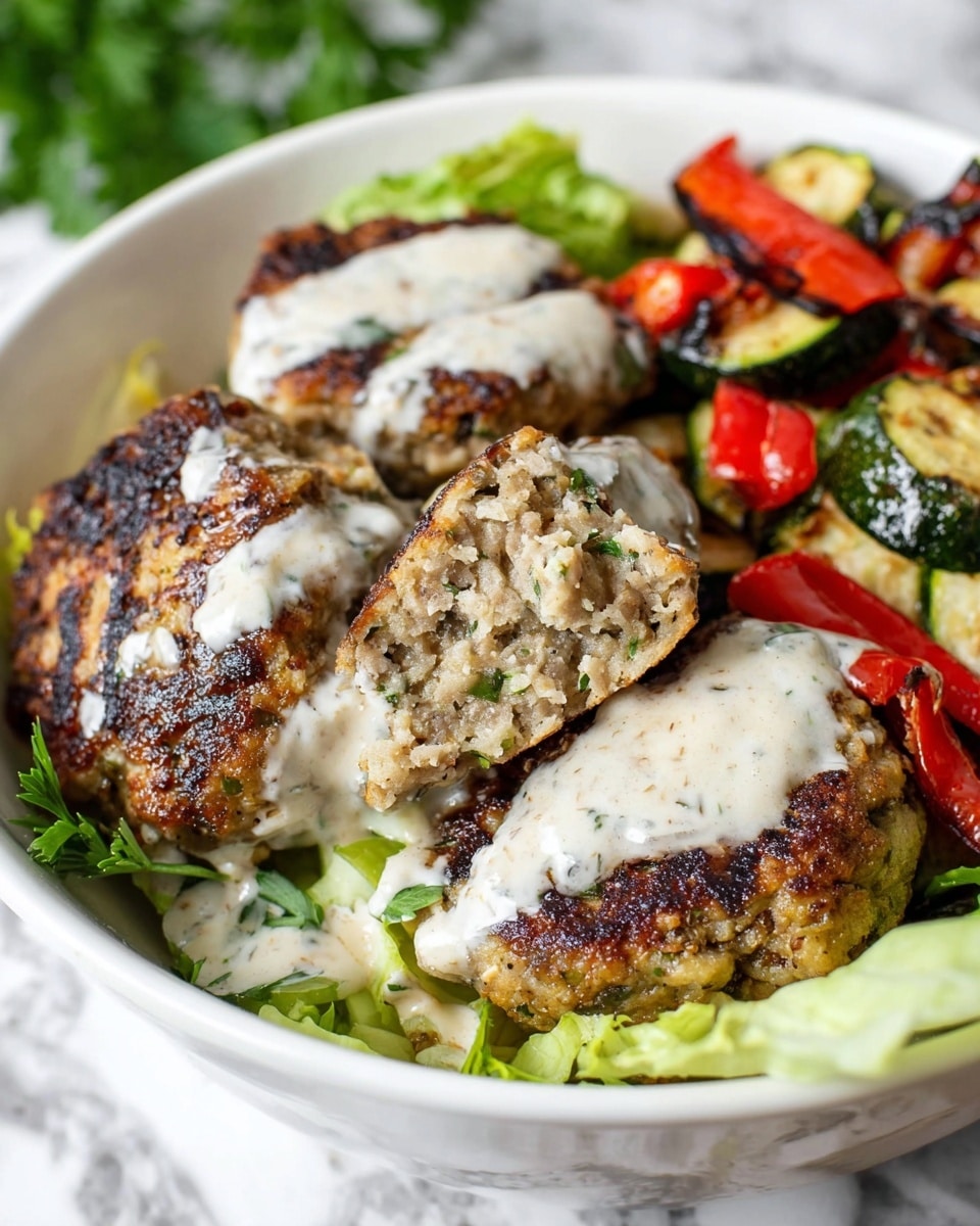 A white bowl filled with three irregularly shaped grilled patties with a browned crispy outside, one patty showing a soft, grainy interior with herbs. The patties are lightly drizzled with a smooth, creamy white sauce. Around the patties, there are bright green leafy parsley and light green lettuce at the bottom layer. Grilled chunks of zucchini, dark green outside and creamy inside, are mixed with slightly charred red bell pepper pieces, adding bold color on top. The bowl is set on a white marbled surface. photo taken with an iphone --ar 4:5 --v 7