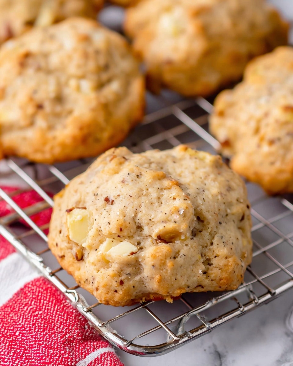 A close-up of a single biscuit with a rough, bumpy surface and a light golden-brown color sitting on a metal cooling rack. A spoon is pouring a smooth, creamy, light beige sauce with visible specks over the top of the biscuit, covering part of its uneven surface. Other similar biscuits are blurred in the background resting on the same metal rack. The setting is on a white marbled surface. photo taken with an iphone --ar 4:5 --v 7