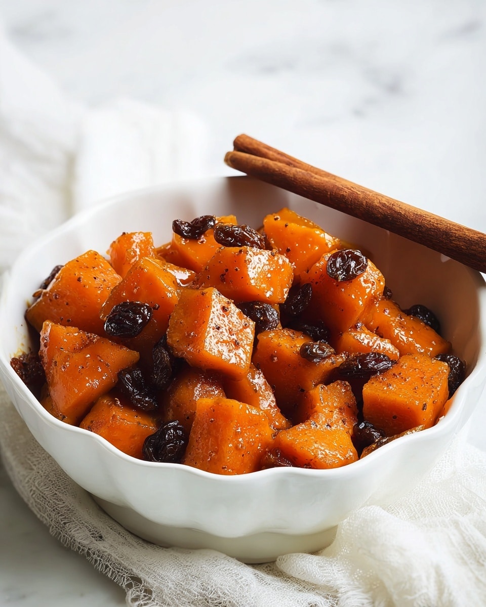 A white scalloped bowl holds a warm dish of glossy, irregular orange chunks of sweet potatoes mixed with dark brown raisins. The sweet potatoes have a slightly sticky texture with a shiny glaze, speckled with fine cinnamon spice. On top, a single cinnamon stick leans against the edge, adding a rustic touch. The bowl sits on a soft white fabric, with a white marbled surface background. photo taken with an iphone --ar 4:5 --v 7