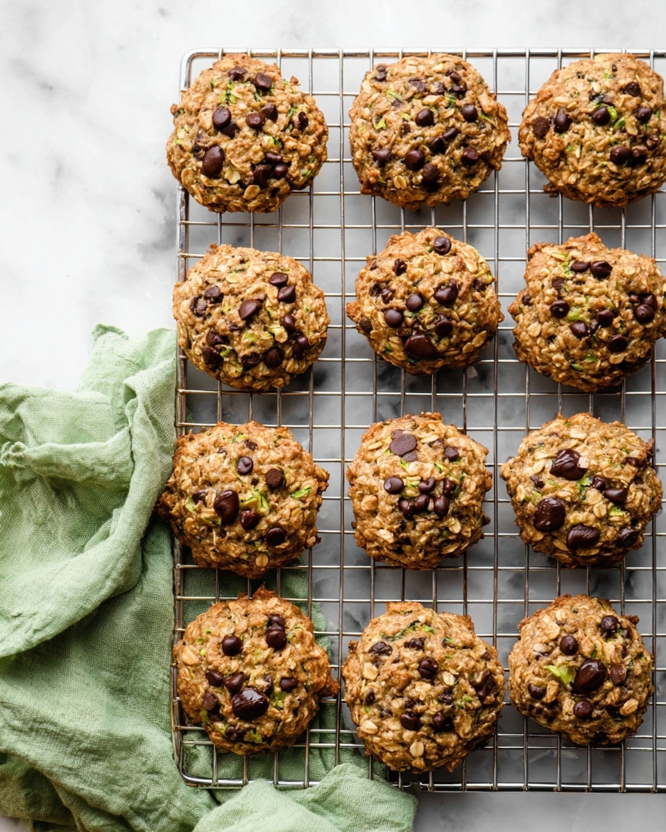 A cooling rack holds thirteen round oatmeal cookies scattered evenly across its silver grid. Each cookie has a rough texture from the oatmeal flakes with uneven edges, appearing golden brown with darker brown chocolate chips studded on the top and mixed into the body. Flecks of green zucchini pieces are visible throughout the cookies, adding specks of color against the warm tones of the dough. The wire rack is placed on a white marbled surface and a soft, wrinkled green cloth rests beside it. The scene is bright and clean, focusing on the rustic yet inviting look of the cookies. photo taken with an iphone --ar 4:5 --v 7