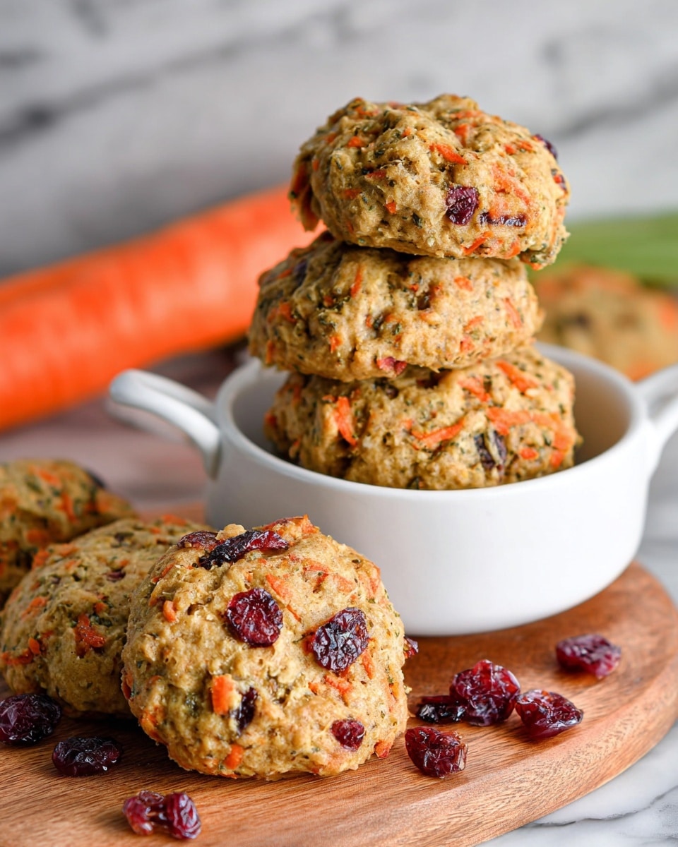 The image shows soft cookies with a rough texture and a mix of orange bits and dark red dried berries in each cookie. There are about six cookies, some stacked inside a white bowl with a handle, and two cookies lie on a round wooden board next to the bowl. The cookies are golden brown with visible carrot shreds and red dried fruit spread across their surface. A whole carrot lies in the background on a white marbled surface. Some dried berries are scattered near the cookies, adding extra color. Photo taken with an iphone --ar 4:5 --v 7