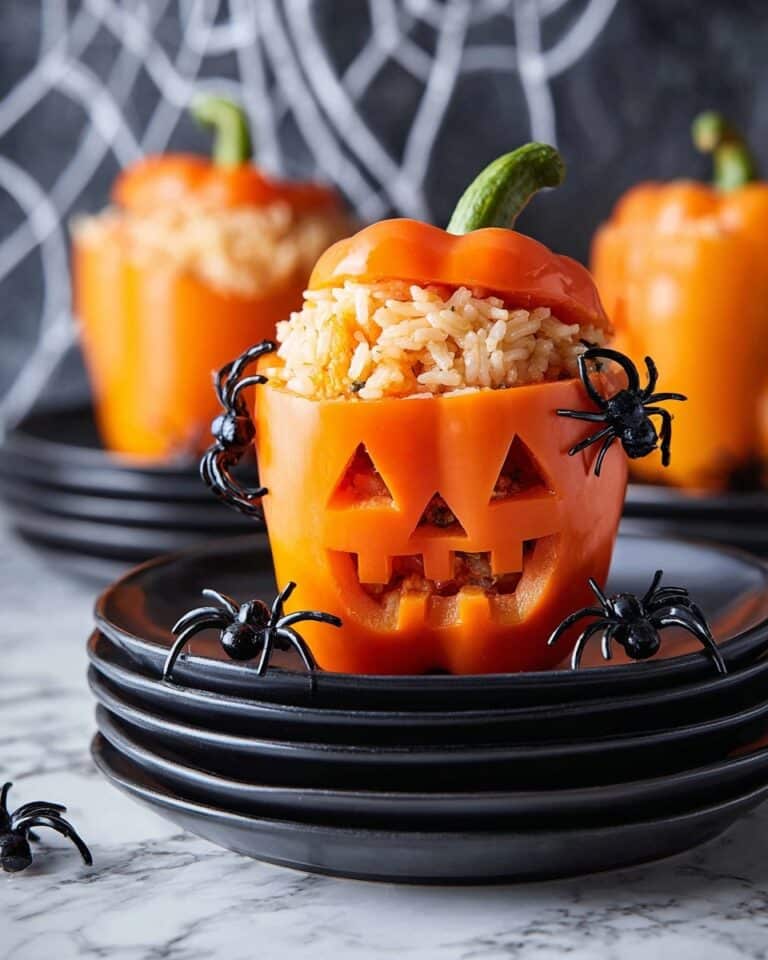 Jack-O’-Lantern Stuffed Bell Peppers with Turkey, Rice, and Black Beans Recipe