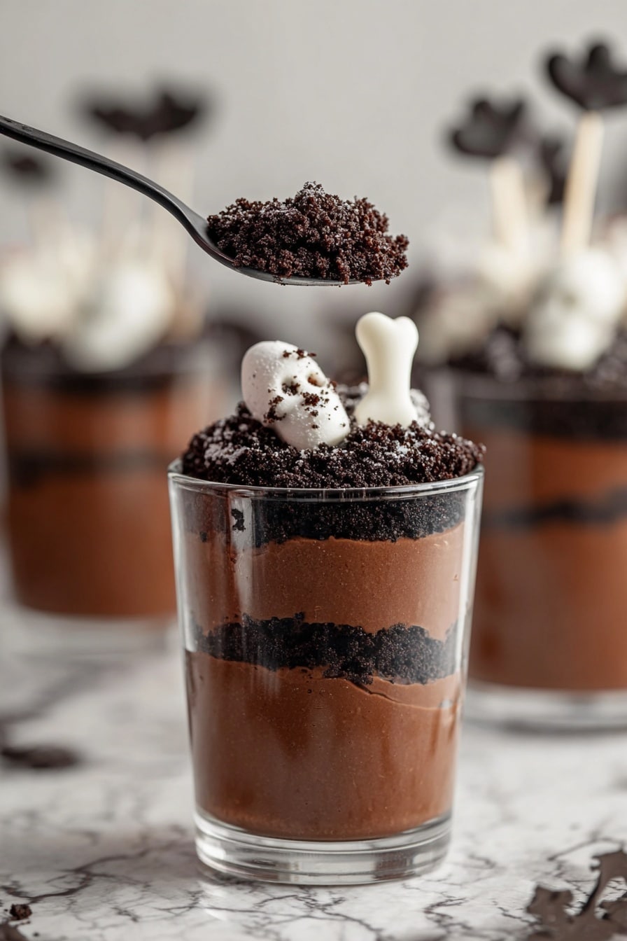 Halloween Graveyard Pudding Cups, spooky Halloween dessert, easy Halloween treats, Halloween party desserts, ghost and tombstone pudding - The dessert is in a clear glass with four layers starting with dark chocolate mousse at the bottom, followed by a layer of crushed chocolate cookie crumbs in dark brown, then another layer of chocolate mousse, and finally more crushed cookie crumbs on top. On the surface, there is a round white ghost-shaped candy with black eyes and mouth, a light beige cookie shaped like a gravestone with