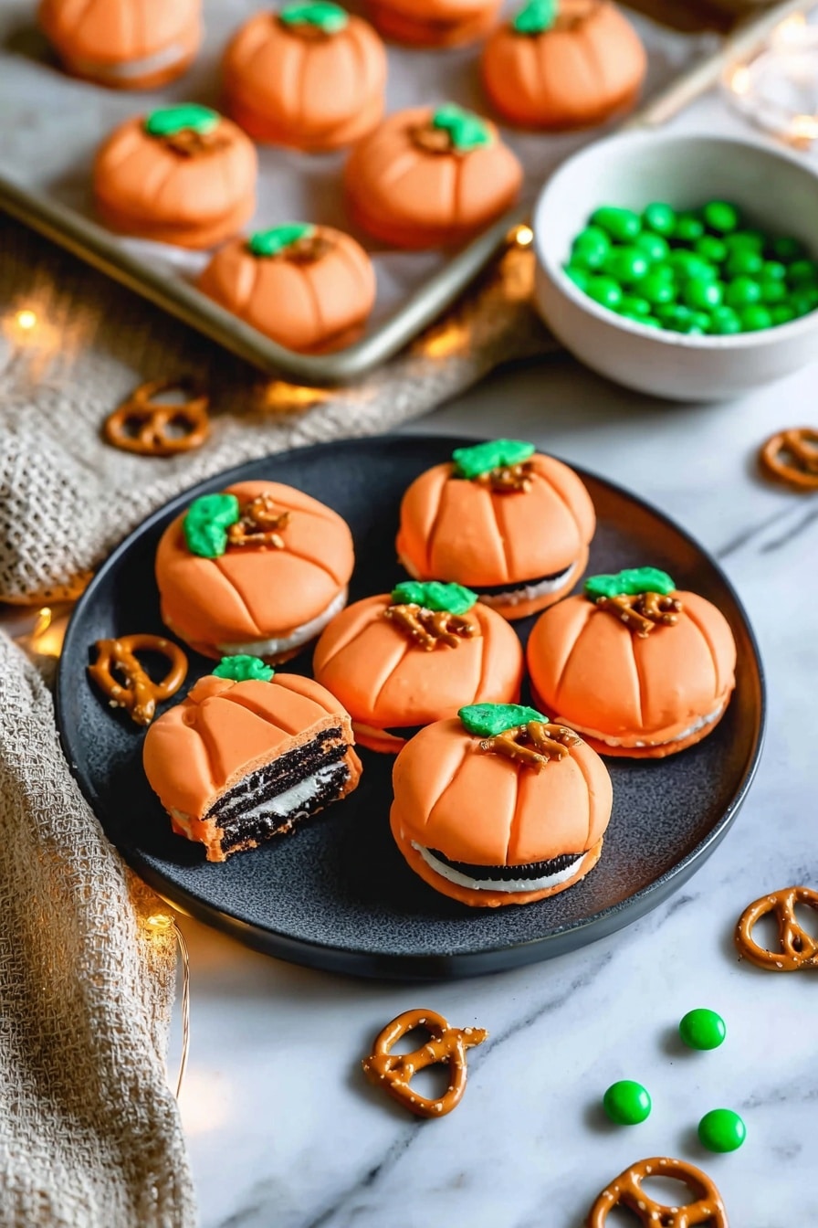 Halloween Pumpkin Cookies, Halloween cookies with pumpkin shape, festive Halloween treats, easy Halloween cookie recipes, pumpkin-themed party desserts - The image shows a group of small pumpkin-shaped treats made by dipping sandwich cookies in smooth orange coating. Each treat has a small brown pretzel piece as a pumpkin stem on top and two green candy pieces as leaves. The pumpkin cookies are arranged on a used baking tray with a few regular sandwich cookies nearby, some with white filling visible. To the right, several pumpkin cookies are placed on a white marbled surface next to a dark grey plate holding more pumpkins. A white bowl containing a few pretzels and green candies sits on the upper left of the tray. The bottom left corner has a textured beige and white cloth. Soft warm string lights add a cozy feel. Photo taken with an iphone --ar 2:3 --v 7