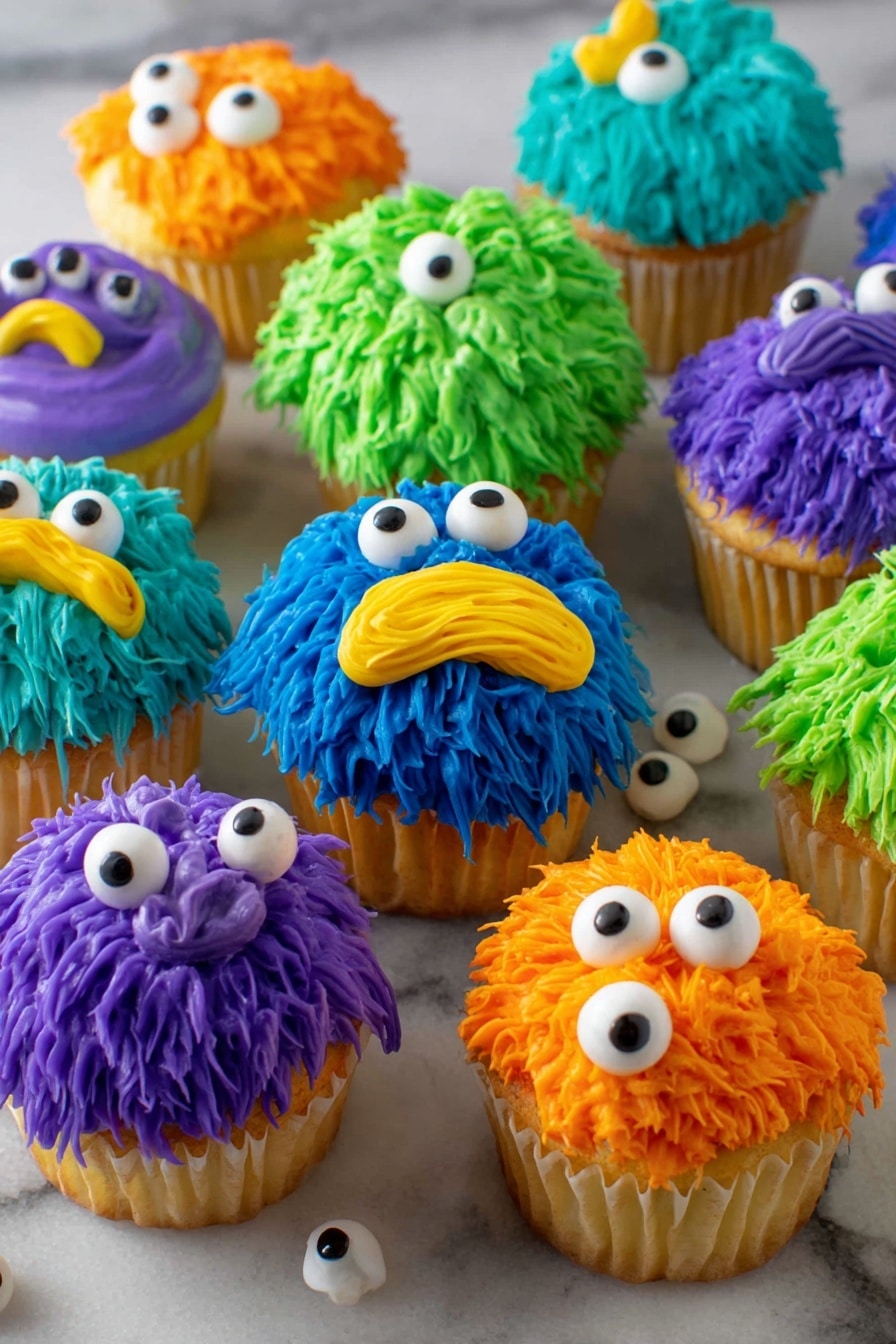 Monster Cupcakes, colorful cupcakes for parties, fun cupcake recipes, kid-friendly treats, vibrant frosting ideas - A group of colorful cupcakes are shown on a white marbled surface. Each cupcake has one main yellow cake layer topped with a thick layer of piped frosting designed to look like funny monsters. The frosting colors include bright purple, blue, green, and orange. The frosting is piped in long wavy clumps that create a fuzzy, textured look. Each cupcake has two small white candy eyes on top, with different yellow frosting shapes below the eyes to form mouths or noses, making each cupcake look like a silly monster face. Several white candy eyes are scattered on the surface around the cupcakes. Photo taken with an iphone --ar 2:3 --v 7