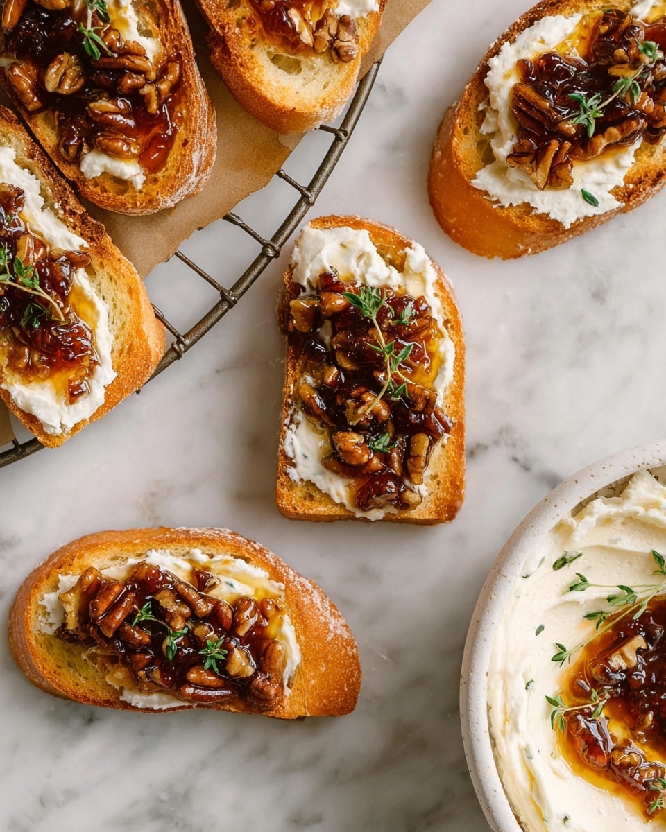 A white plate holds a dish with three layers. The bottom layer is a thick, soft white cheese spread, spread unevenly around the plate's edge. The middle layer is a dark amber-colored jam with a shiny, sticky texture, mostly covering the cheese but leaving a rim visible. The top layer consists of chopped pecans scattered across the jam, with small green herb sprigs gently placed on top. Around the plate, there is a drizzle of golden oil that pools near the cheese edge. Nearby, you see a small white bowl filled with chopped pecans and a glass bowl with more amber jam, all set on a white marbled surface with a black and white striped cloth in the background. photo taken with an iphone --ar 4:5 --v 7