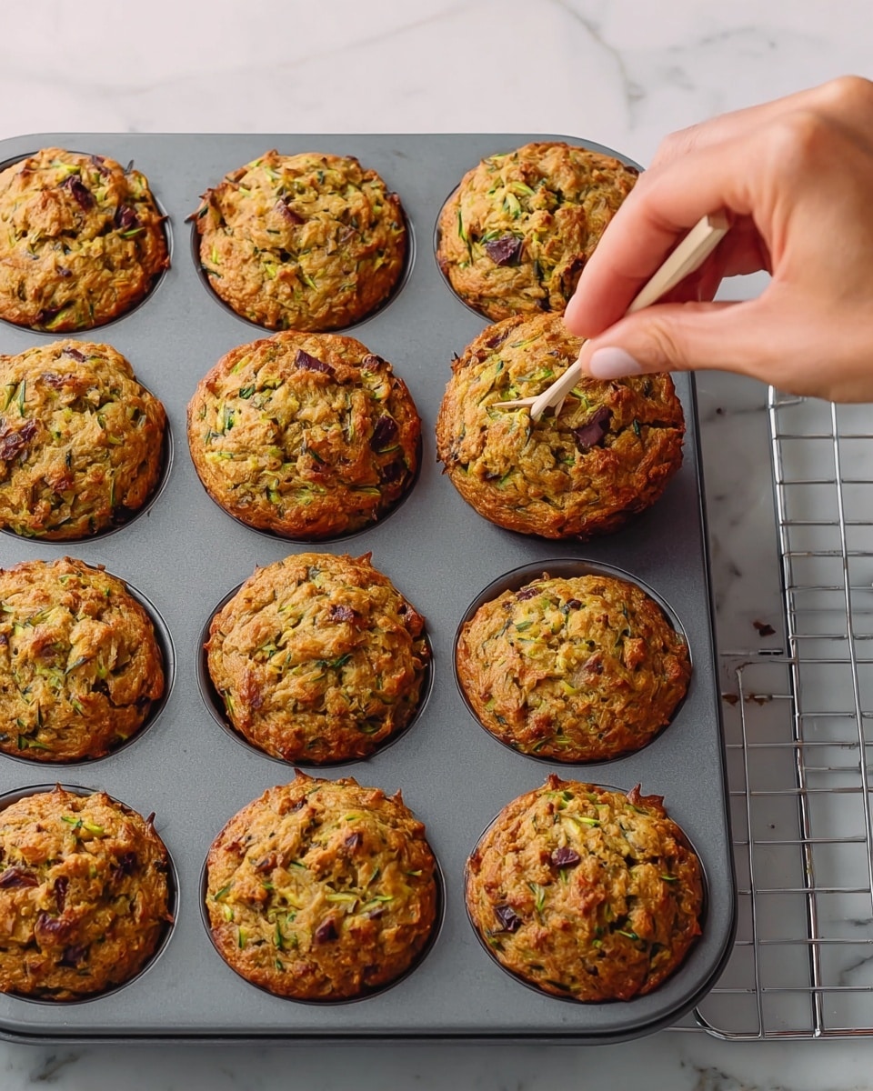 The image shows a gray muffin tray filled with twelve golden brown muffins that have a rough, lumpy texture with bits of green and dark brown mixed in, indicating ingredients like zucchini and chocolate chips. A woman's hand is holding a skewer that is being gently pressed into the top of one muffin to test if it is cooked inside. The tray is placed on a white marbled surface with a cooling rack visible to the right side. photo taken with an iphone --ar 4:5 --v 7