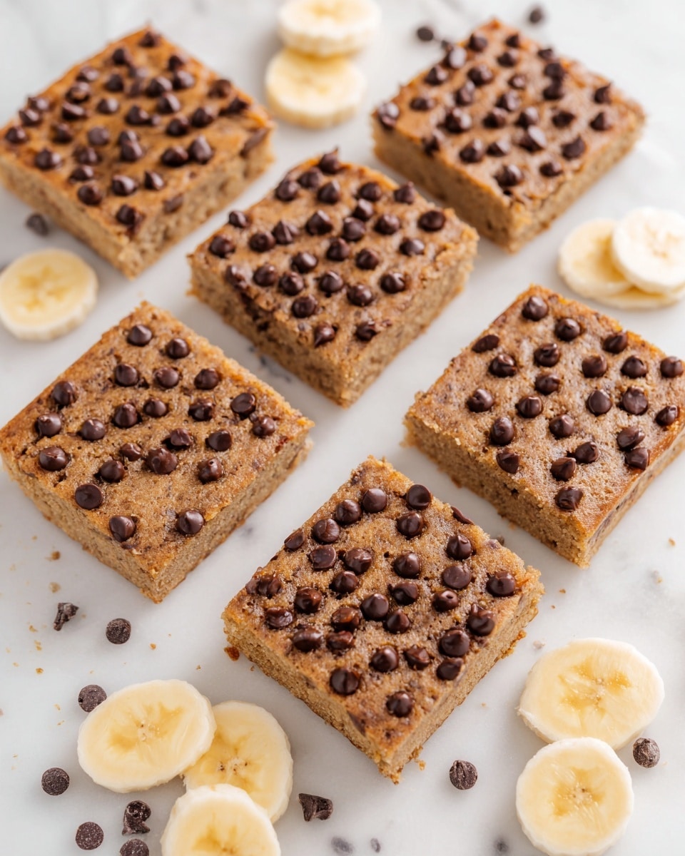 The image shows six square pieces of a light brown banana chocolate chip cake, each topped with many small dark brown chocolate chips scattered evenly across the slightly textured surface. Around the cake pieces, there are round slices of yellow banana placed on a white marbled surface, with additional chocolate chips sprinkled loosely nearby. The overall setting is bright and clean, emphasizing the soft texture of the cake and the fresh banana slices. photo taken with an iphone --ar 4:5 --v 7