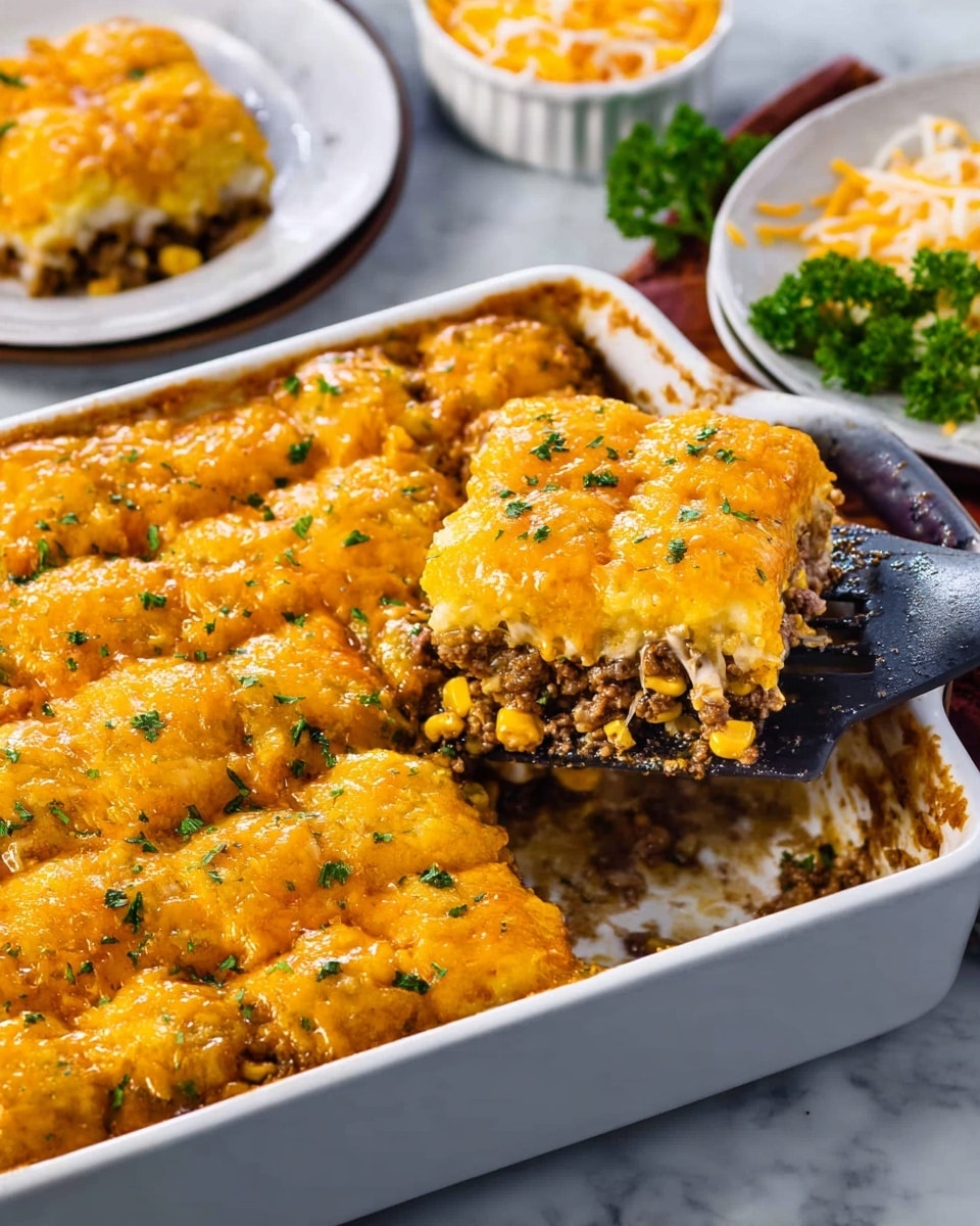 The image shows a close-up of a white rectangular baking dish filled with a layered casserole. The top layer is golden brown cheese with a slightly bubbly texture, sprinkled with small green herb bits. Below the cheese layer, visible inside the casserole scoop, there are yellow corn kernels, ground meat, and a creamy mashed layer forming the base. A black spatula is lifting out a square portion, revealing the layers clearly. In the background, there is a white plate with small pieces of casserole and some fresh green parsley, as well as a small white bowl with shredded yellow and white cheese. The entire scene sits on a white marbled surface. Photo taken with an iphone --ar 4:5 --v 7