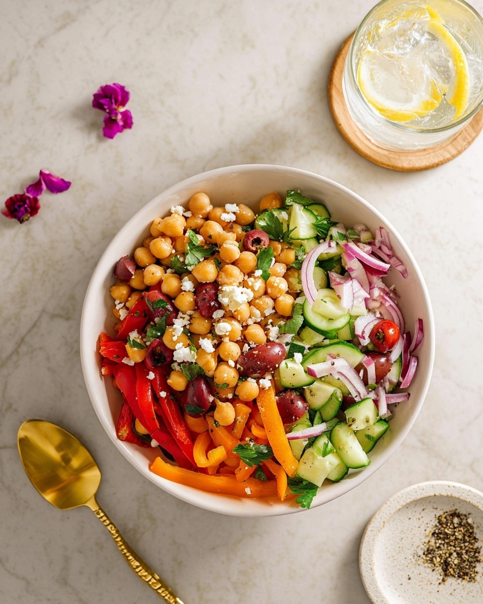 A white bowl filled with a colorful salad showing three main layers: the base layer of round, light brown chickpeas, a middle layer of bright green cucumber slices and orange bell pepper strips, and a top layer of red cherry tomato pieces, dark olives, and light purple onion slices with some white cheese crumbles scattered around; a few green parsley leaves sit on top adding fresh color. The bowl is placed on a white marbled surface. Nearby, a golden spoon with black pepper and small purple flower petals is lying to the left, and to the right, there is a round white coaster holding a glass of ice water with a lemon wedge inside. photo taken with an iphone --ar 4:5 --v 7