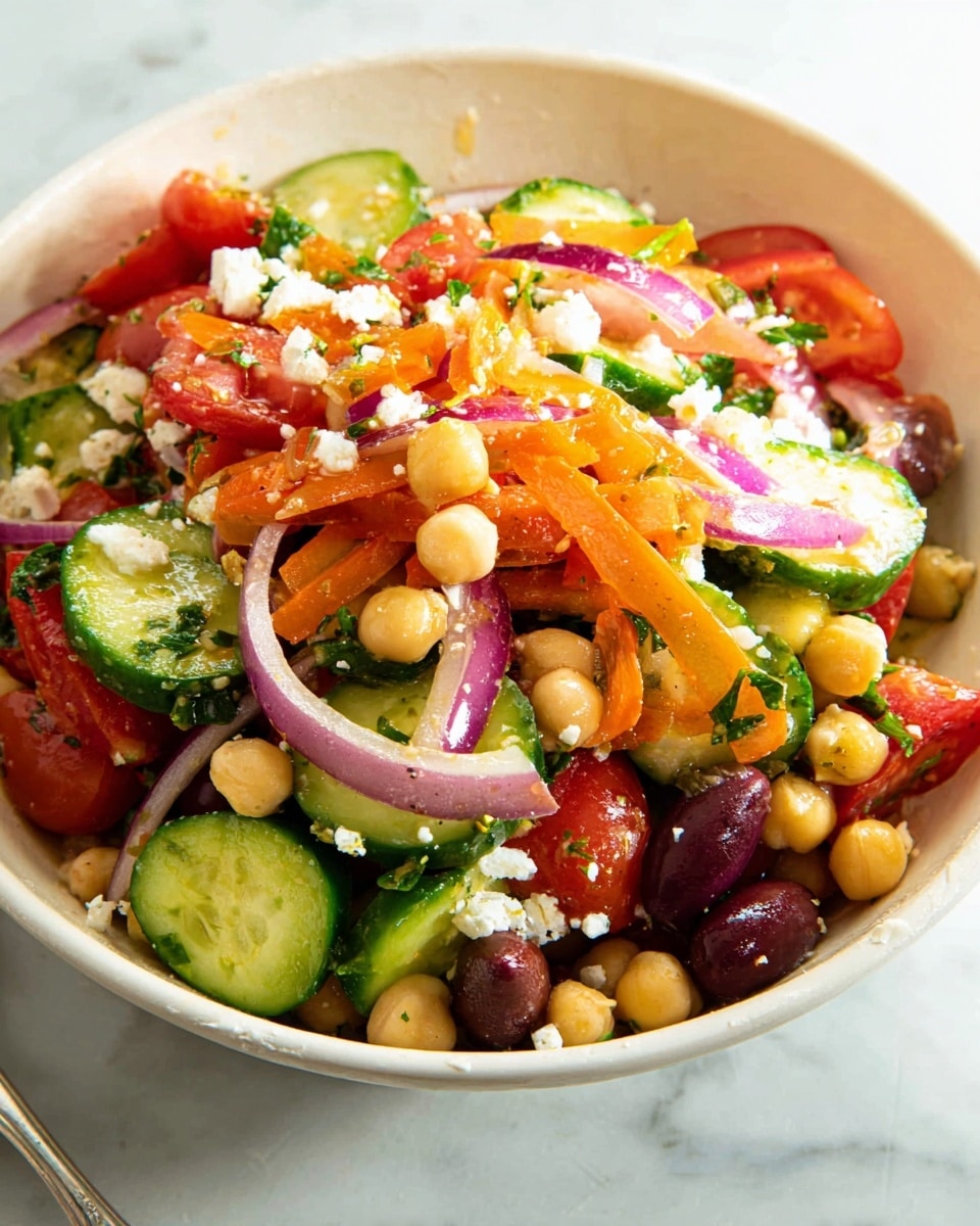The image shows a colorful salad in a white bowl placed on a white marbled surface. The salad has many layers: green cucumber slices with a smooth texture scattered throughout, mixed with round beige chickpeas clustered in the middle; bright orange carrot strips adding a fresh crunch; chunks of red tomatoes and shiny purple Kalamata olives are spread around, with thin slices of red onion adding light purple and white rings on top. Small pieces of white feta cheese are sprinkled among the vegetables, and green parsley leaves add a fresh touch. The salad looks fresh and vibrant with moist textures. photo taken with an iphone --ar 4:5 --v 7