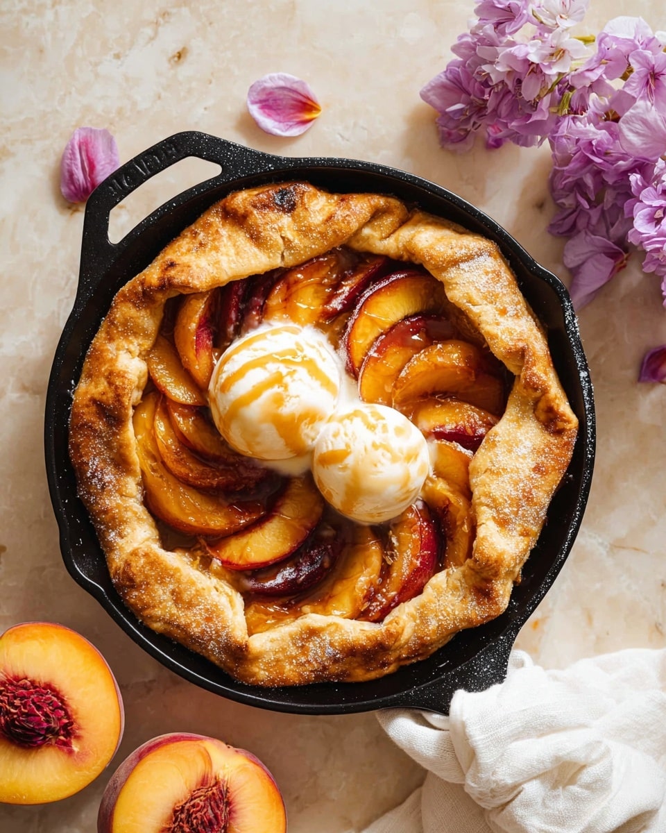 A round black skillet holds a rustic golden-brown pie crust with a rough folded edge, filled with slices of warm peach that are soft and caramelized with a deep orange and red color. On top of the peaches, there are two scoops of creamy white ice cream melting slightly, drizzled with light caramel sauce. The skillet sits on a white marbled surface with two fresh peach halves showing their deep red pits at the top, and delicate purple flower petals are scattered to the right. A white cloth napkin is tied around the skillet's handle. Photo taken with an iphone --ar 4:5 --v 7