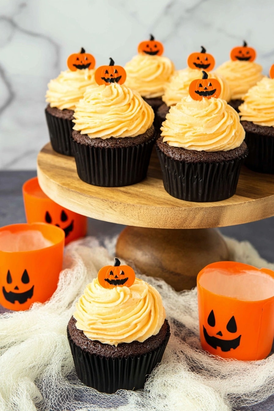 Jack-O-Lantern Halloween Pumpkin Cupcakes, Halloween pumpkin cupcakes with salted caramel and pumpkin buttercream, festive pumpkin spice cupcakes, Halloween treats with caramel frosting, spooky pumpkin cupcakes recipe - The image shows six cupcakes, each with one dark brown cupcake base in a black wrapper, topped with a thick swirl of light orange frosting in a spiral pattern. Each cupcake has a small orange pumpkin decoration with a carved face on top of the frosting. Five cupcakes are on a small wooden cake stand with a smooth texture, and two cupcakes sit below on a white marbled surface that has a wispy white fabric nearby. There are two orange plastic pumpkin containers with jack-o-lantern faces beside the cupcakes. The photo taken with an iphone --ar 2:3 --v 7