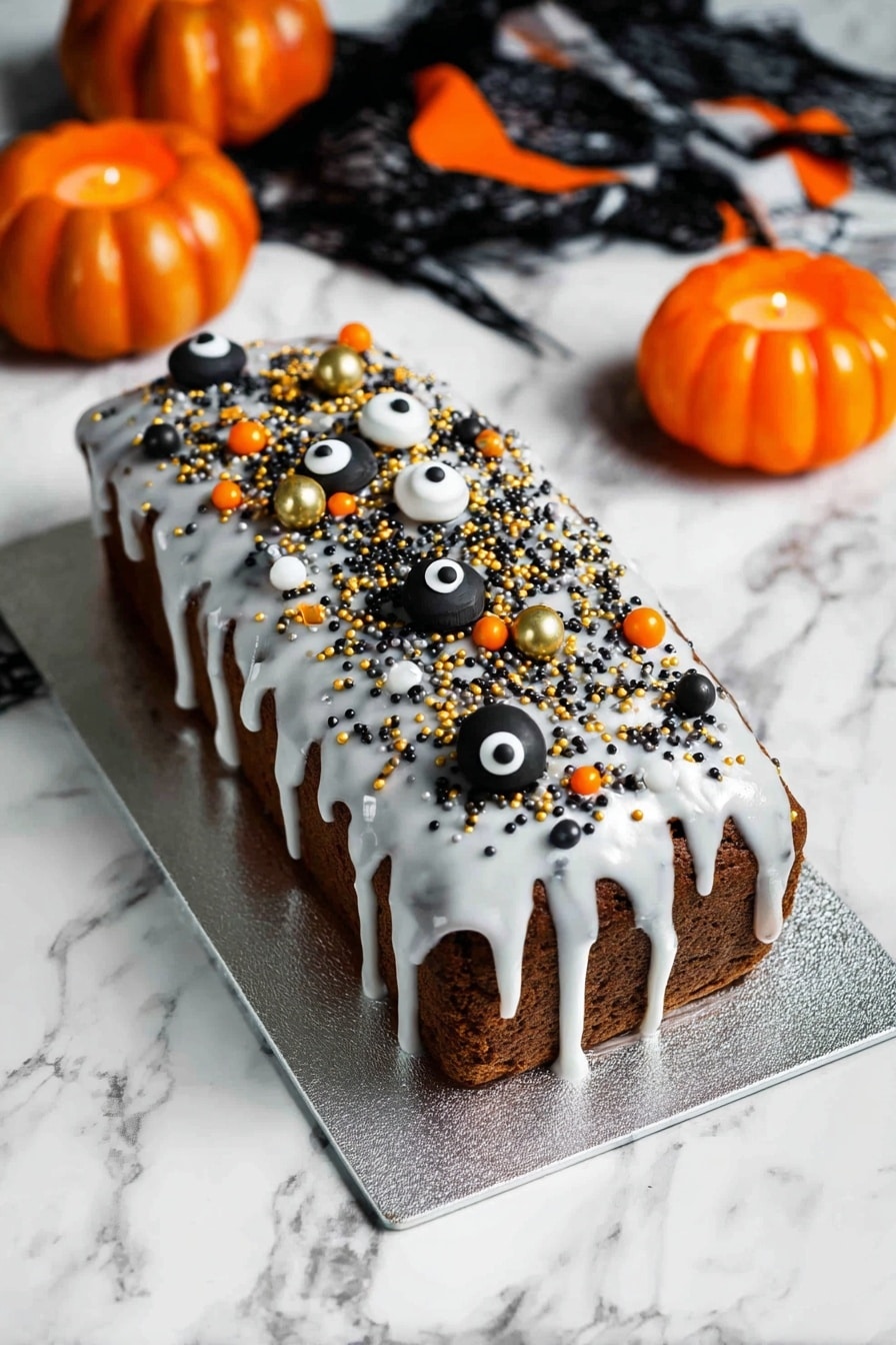 Orange and Black Halloween Marble Cake, Halloween marble cake, spooky Halloween cake, orange and black cake recipe, Halloween dessert ideas - A rectangular chocolate cake sits on a silver board on a white marbled surface, covered with a thick layer of white icing that drips down the sides unevenly. The top is decorated with small round sprinkles in black, orange, and gold colors scattered all over, along with larger black, gold, and white candy balls, some resembling eyes with black dots in the center. In the background, there are two small orange pumpkin-shaped candle holders and a piece of black and orange fabric lies nearby, adding a Halloween theme to the image. The photo taken with an iphone --ar 2:3 --v 7