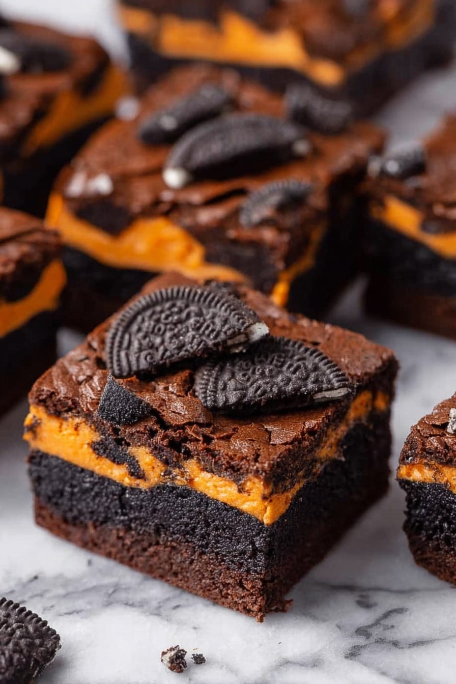 Halloween Oreo Stuffed Brownies, Oreo brownie recipe, spooky dessert brownies, fudgy Oreo filled brownies, easy Halloween dessert - The image shows several square-shaped brownies with three visible layers. The bottom and top layers are dark brown, soft, and textured like rich chocolate brownie. In between, there is a bright orange layer matching the color of the filling of orange cream cookies. The top layer is decorated with broken pieces of black and orange sandwich cookies, scattered unevenly across the surface. The brownies are arranged closely on a white marbled texture. The focus is sharp on the center brownies, showing glossy texture and small cracks on the top layer. Photo taken with an iphone --ar 2:3 --v 7
