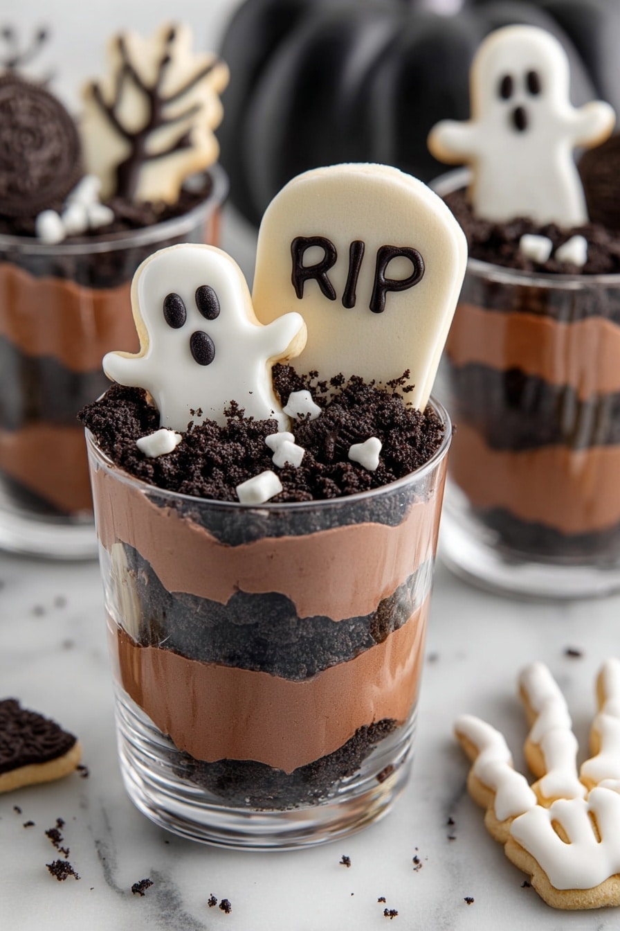 Halloween Graveyard Pudding Cups, spooky Halloween dessert, easy Halloween treats, Halloween party desserts, ghost and tombstone pudding - The image shows a small clear glass with three main layers, placed on a white marbled texture. The bottom layer is thick and dark brown chocolate pudding. The middle layer is a darker, crumbly chocolate soil. The top has a small pile of crumbly chocolate with two small white candy decorations shaped like a skull and a bone. A black plastic spoon holds a scoop from the top, showing the textures close up. In the background, there are more glasses with similar layers and white chocolate shapes on sticks. Photo taken with an iphone --ar 2:3 --v 7