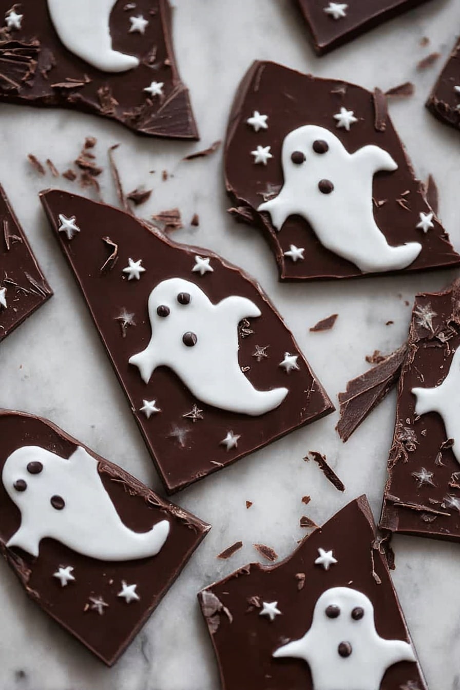 Halloween 3-Ingredient Ghost Bark, easy Halloween treats, spooky chocolate desserts, ghost-shaped candies, quick Halloween party snacks - Several pieces of dark brown chocolate bark are spread over a white marbled surface. Each piece has a smooth top layer decorated with small white ghost shapes with round eyes and mouths, giving a Halloween feel. Around the larger ghost shapes are tiny white star-like sprinkles that add texture and contrast to the dark chocolate base. The chocolate pieces are broken unevenly, showing sharp edges and some chocolate shavings. The overall look is simple but festive, with dark and white colors standing out clearly against the marbled background. photo taken with an iphone --ar 2:3 --v 7