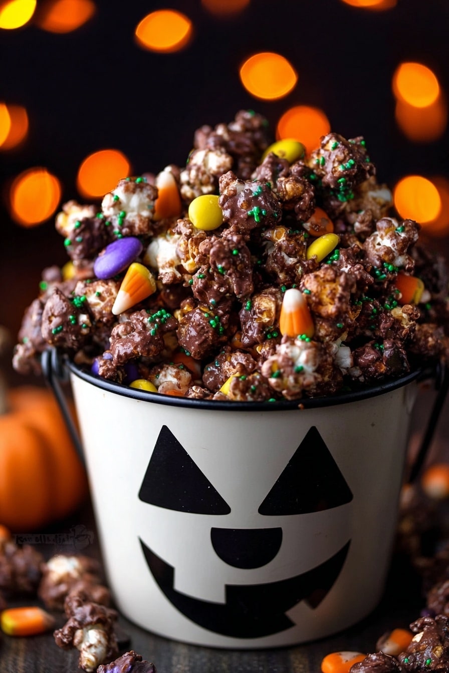 Halloween Popcorn with Chocolate, Candy Corn, M&Ms, and Marshmallows, festive Halloween popcorn snack, easy Halloween party treats, sweet and salty Halloween snacks, homemade Halloween popcorn - The image shows a pile of popcorn mixed with colorful candy pieces covered in a thick layer of chocolate. The popcorn is unevenly coated with chocolate, giving a rough texture, and is scattered with green and orange sprinkles. There are also candy pieces in purple, orange, and yellow, partially visible under the chocolate. All of this is inside a white bucket that has a black jack-o'-lantern face on it. The background is dark with blurry orange and yellow round lights, creating a cozy Halloween feel. photo taken with an iphone --ar 2:3 --v 7