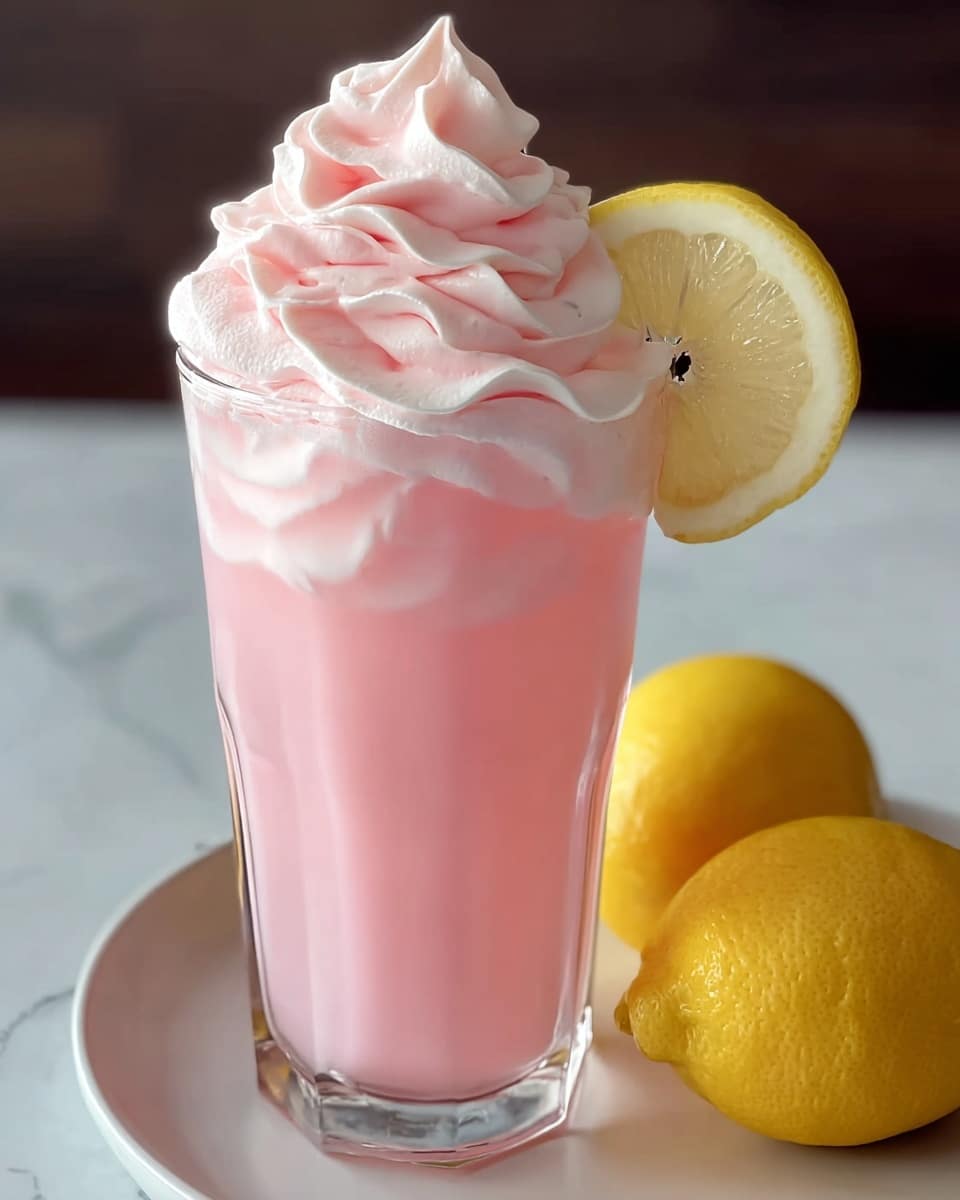 A tall clear glass filled with a pink drink that has a smooth and creamy texture with soft swirls of a lighter shade of pink inside. On top, there is a large swirl of light pink whipped cream with a smooth, fluffy texture. A fresh lemon slice is placed on the rim of the glass on the right side. The glass sits on a white plate with a white marbled background. Two whole yellow lemons are partially visible in the background on the plate. photo taken with an iphone --ar 4:5 --v 7