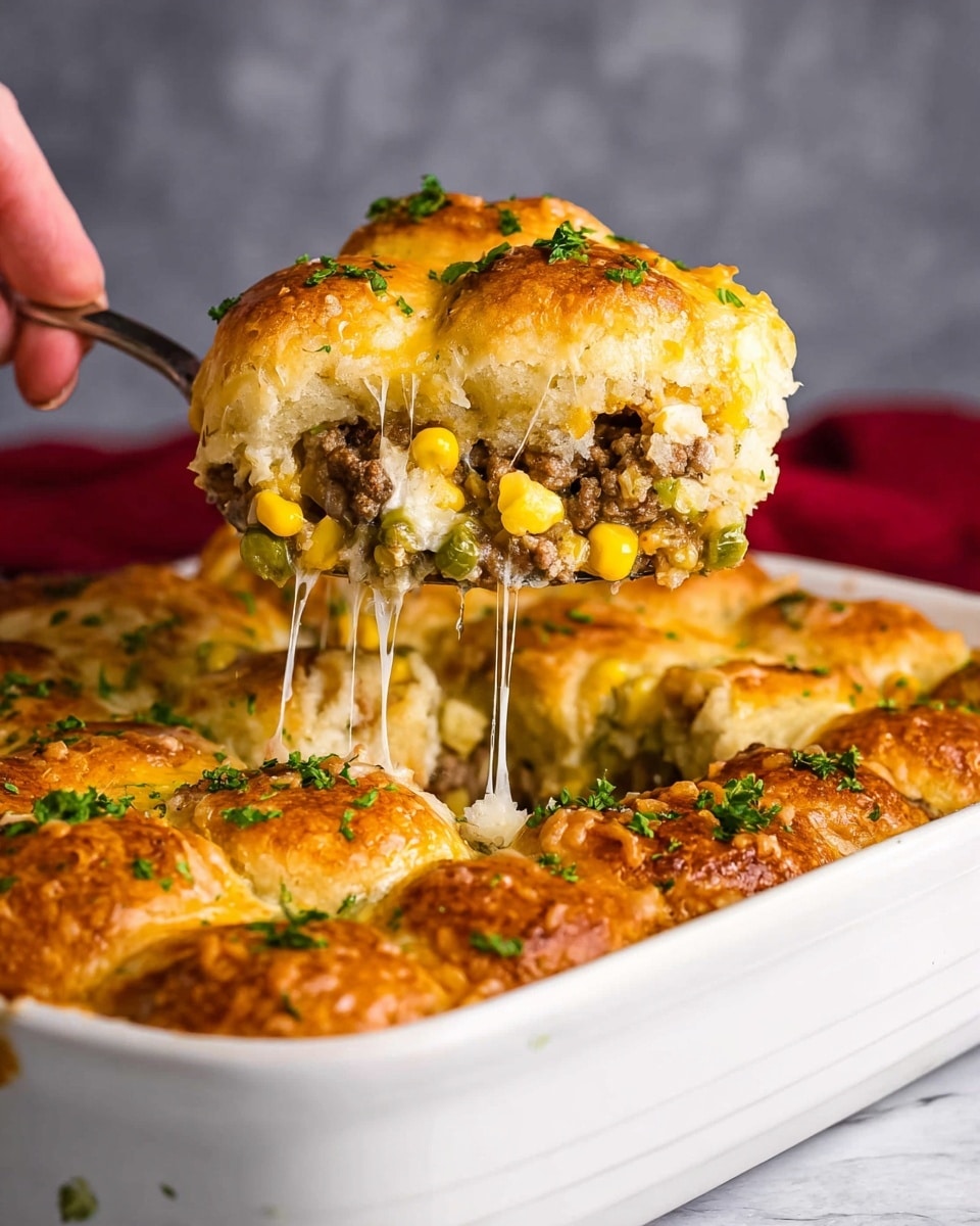 A white baking dish filled with a layered casserole is shown with a slice lifted by a utensil held by a woman's hand. The top layer is golden brown baked rolls that are soft and slightly crispy, sprinkled with chopped green parsley. Below the rolls, melted cheese stretches out from the slice. The middle layer consists of yellow corn and small green vegetables mixed with browned ground meat, creating a hearty filling. The colors in the casserole go from golden on top to a mix of yellow, green, and brown in the filling. The background has a soft gray tone and the dish sits on a white marbled surface. Photo taken with an iphone --ar 4:5 --v 7