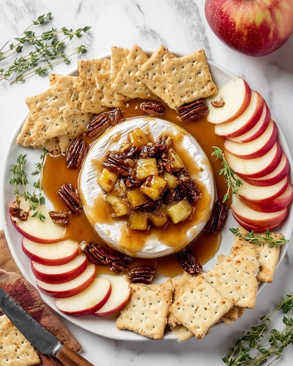 The image shows a white round cheese wheel topped with melted creamy cheese, golden cooked apple chunks, and small dark brown pecan pieces scattered on top. A woman's hand is holding a square cracker topped with these ingredients, pulling a string of stretchy melted cheese away from the cheese wheel. Around the white bowl with the cheese, there are various round crackers arranged loosely on a white marbled surface. The colors are mainly warm yellow, cream, light brown, and glossy textures of melted cheese and nuts. photo taken with an iphone --ar 4:5 --v 7