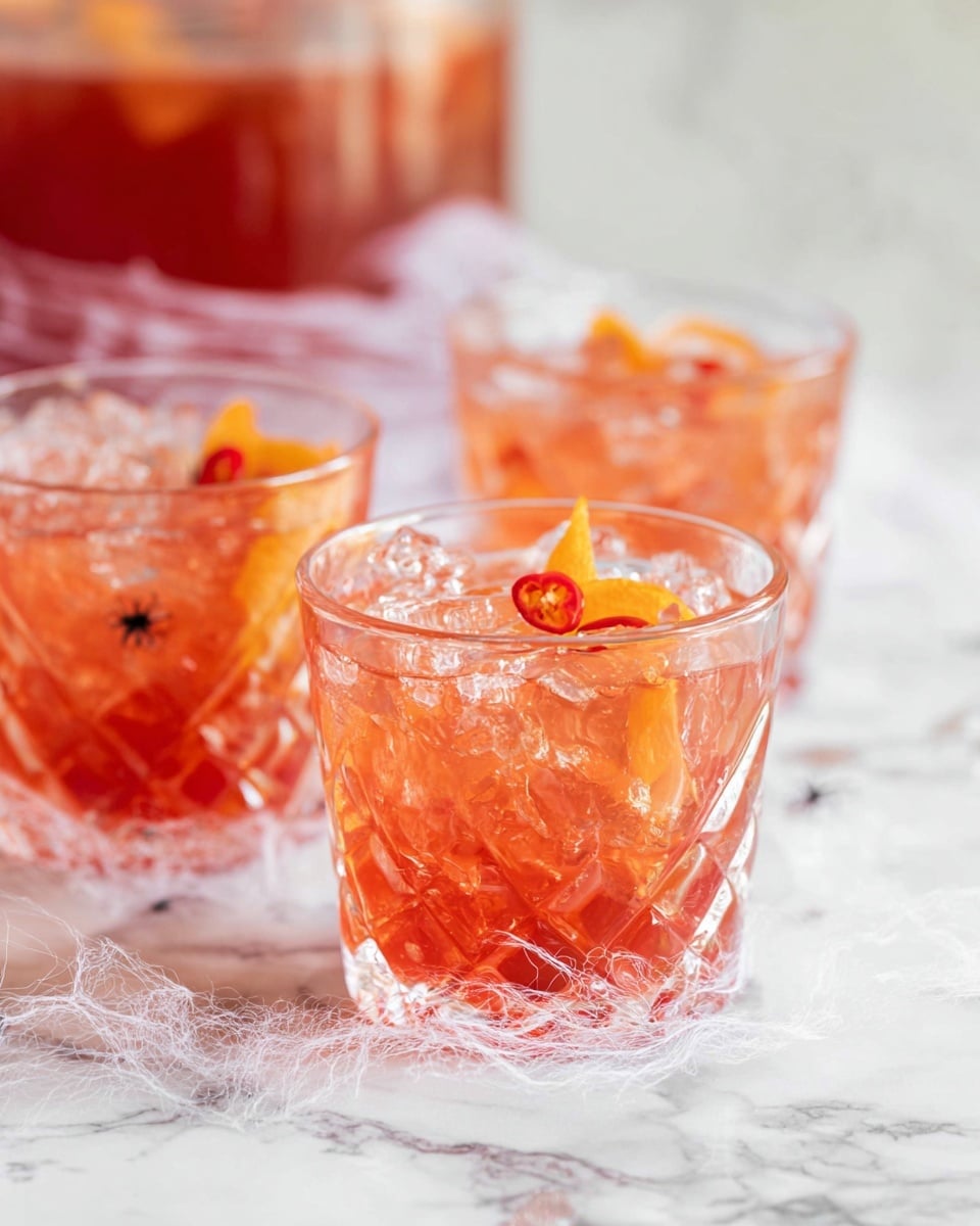 A clear textured glass filled with a pink-orange drink, topped with ice cubes and small bubbles floating on the surface; a yellow and red gummy worm rests on top of the ice, stretching across the glass; the glass sits on a white marbled surface, with a skeleton hand reaching from the left side and a small skull decoration placed on the right behind the glass; in the background, part of a clear container holding more pink-orange liquid and ice is visible near the top left corner; photo taken with an iphone --ar 4:5 --v 7