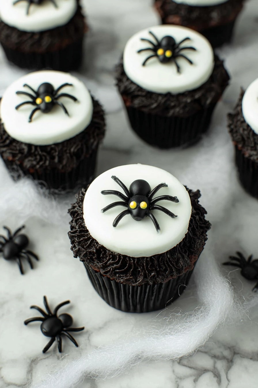 Creepy Halloween Spider Cupcakes, Halloween cupcake decorating ideas, spooky Halloween treats, pumpkin and chocolate cupcakes, Halloween dessert recipes - The image shows several dark chocolate cupcakes with rough, swirled black frosting on top, each topped with a smooth, white round fondant disk. On each white disk sits a small, black spider decoration with eight legs and two small yellow eyes. The cupcakes sit on a white marbled surface covered partly with thin white threads that look like fake spider webs. Some small black plastic spiders lay on the surface around the cupcakes. photo taken with an iphone --ar 2:3 --v 7