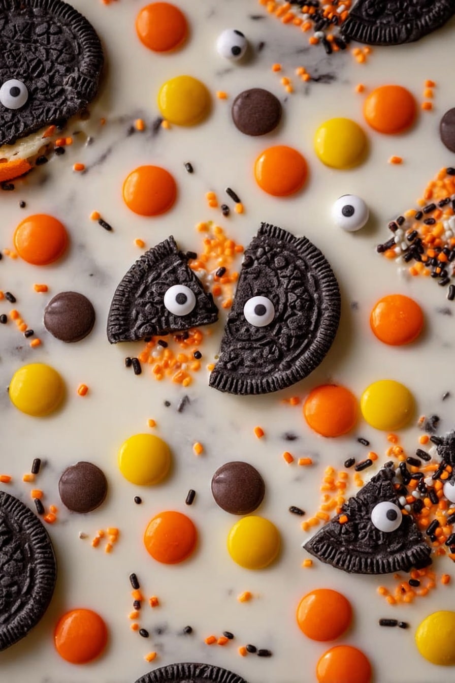 Spooky Halloween Oreo Bark, Halloween dessert, easy Halloween treats, Halloween candy bark, festive Halloween snack - This image shows a close-up of a sweet treat with a white chocolate base. On the top layer, there are broken pieces of black sandwich cookies with bright orange cream inside, scattered evenly. Small round candies in orange, yellow, and brown colors are spread around the cookies. Also, there are small white candy eyes with black dots, placed randomly. Tiny round orange and black sprinkles fill the small spaces between the bigger items, adding more color and texture. The whole scene is on a white marbled surface. photo taken with an iphone --ar 2:3 --v 7