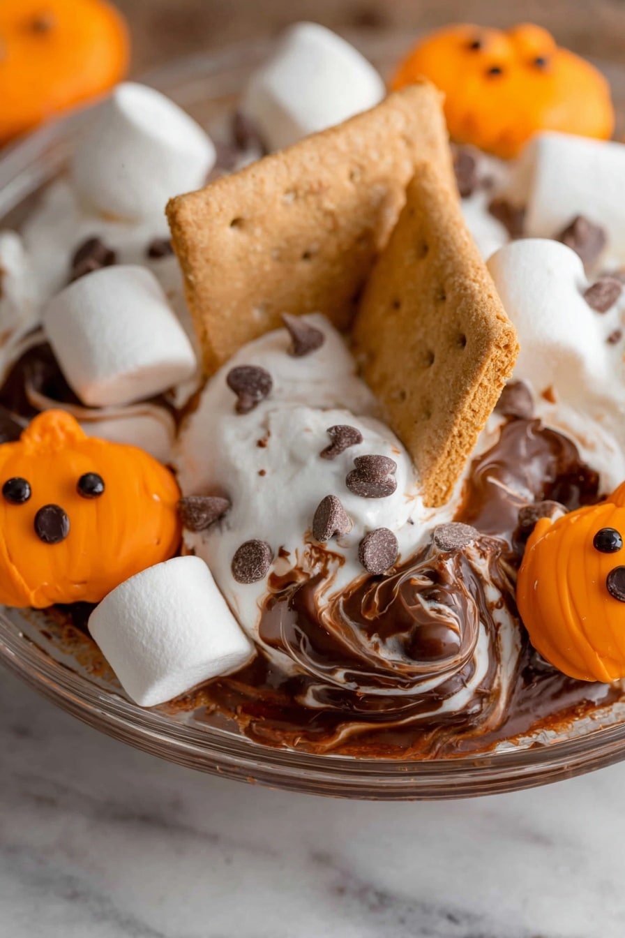 Halloween S'mores Dip with Peeps Marshmallows, festive Halloween dessert, easy Halloween party treat, gooey marshmallow chocolate dip, holiday marshmallow recipes - This image shows a close-up of melted marshmallows and chocolate on a clear glass plate, set on a white marbled surface. The marshmallows are white and puffy with small chocolate chips on top, and they are melted into gooey white and dark brown swirls of chocolate. There are two pieces of light brown graham crackers standing upright in the melted mix. Bright orange pumpkin-shaped cookies with smooth icing and small chocolate chips as eyes are placed on and around the marshmallows. The mixture looks soft and sticky with different textures from smooth melted chocolate to the rough surface of the graham crackers. Photo taken with an iphone --ar 2:3 --v 7