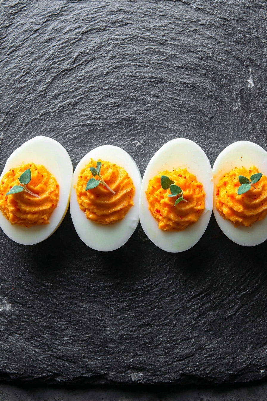 Halloween-Themed Deviled Eggs, spooky festive deviled eggs, Halloween party appetizers, creepy decorated eggs, spooky Halloween snacks - Four halves of hard-boiled eggs are lined up on a dark gray slate surface with a rough texture. Each egg half has a smooth white outer layer and is filled with a bright orange creamy mixture, topped with a small green herb leaf for decoration. The orange filling has a slightly textured surface with small ridges. The scene is well lit, showing clear contrasts between the white eggs, bright orange filling, and dark background. photo taken with an iphone --ar 2:3 --v 7
