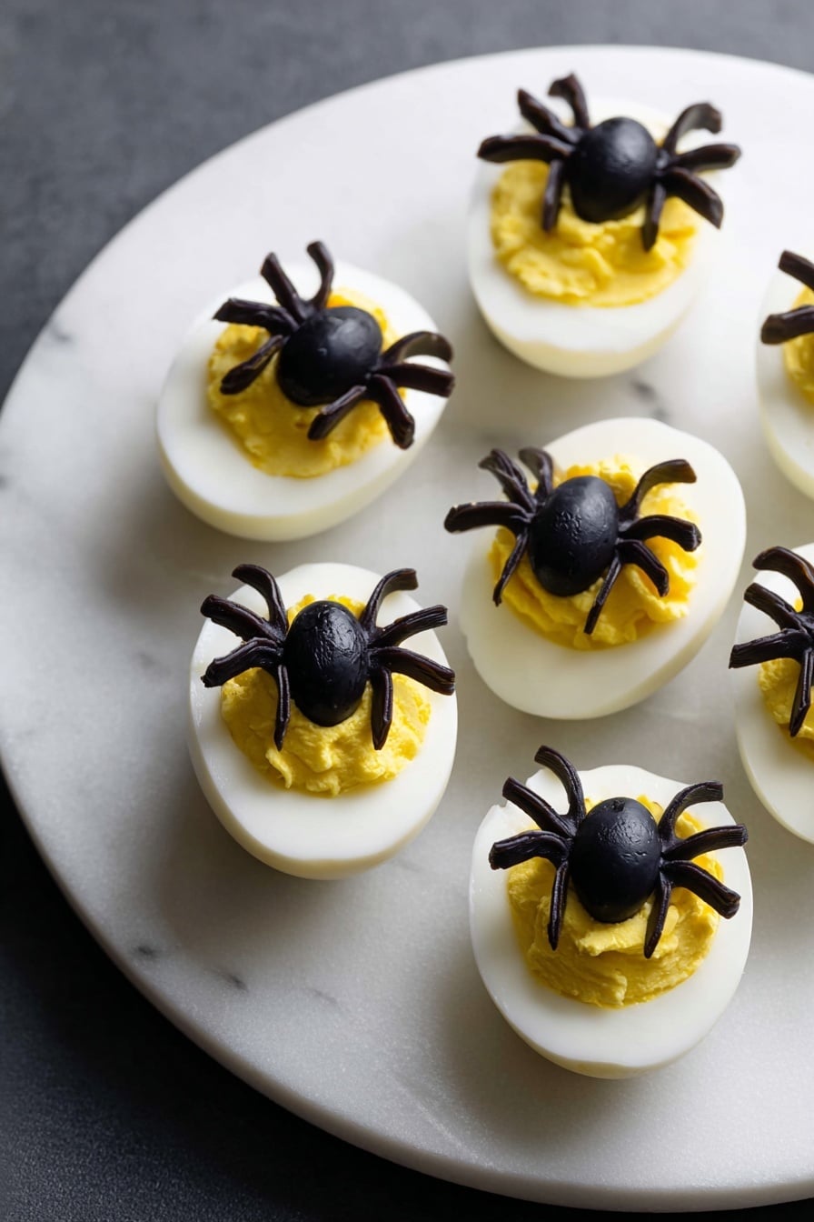 Halloween-Themed Deviled Eggs, spooky festive deviled eggs, Halloween party appetizers, creepy decorated eggs, spooky Halloween snacks - Five halved boiled eggs are arranged on a round white plate placed on a white marbled surface. Each egg has a smooth white outer layer and is filled with yellow mashed yolk. On top of each yolk filling, there is a small black olive cut in half to form a spider body, with thin olive slices arranged around it as spider legs, creating a spider decoration on each egg. Photo taken with an iphone --ar 2:3 --v 7