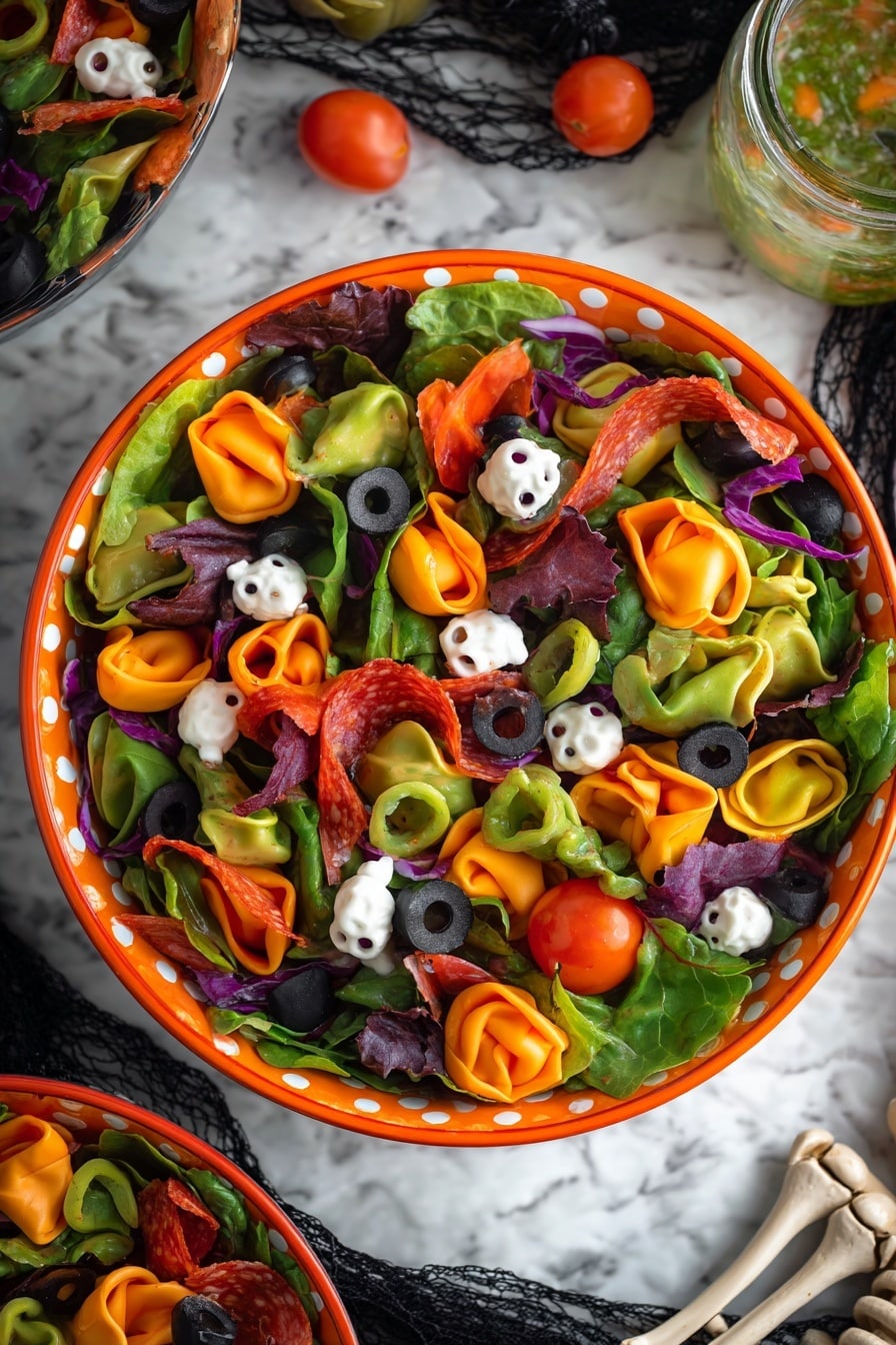 Spooky Halloween Salad with Colorful Tortellini, Cheese Skulls, and Red Wine Vinaigrette, Halloween themed salads, Festive Halloween side dishes, Colorful tortellini recipes, Halloween party salads, Spooky food ideas for Halloween - A colorful salad in a white bowl with an orange rim and white dots around it, placed on a white marbled surface covered with a black spider web pattern. The salad has three layers: the bottom layer is a mix of green and purple lettuce leaves, the middle layer contains green, orange, and purple small stuffed pasta, and the top layer includes small yellow and red cherry tomatoes, sliced black olives, red pepper rings, sun-dried tomato pieces, and small white skull-shaped toppings. Two white skeleton arms rest on the salad, crossing each other diagonally over the bowl. Nearby, there are glass bottles with green and amber liquids, adding a spooky atmosphere. Photo taken with an iphone --ar 2:3 --v 7