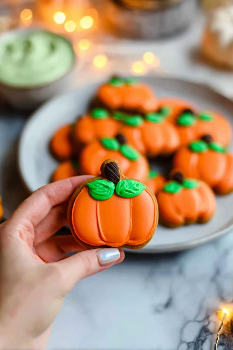 Halloween Pumpkin Cookies, Halloween cookies with pumpkin shape, festive Halloween treats, easy Halloween cookie recipes, pumpkin-themed party desserts - A woman's hand holds a small pumpkin-shaped cookie with orange frosting covering the whole cookie, two bright green oval leaves on top, and a small brown stem shaped frosting at the center. Below the hand, there is a white round plate filled with similar pumpkin cookies, each decorated the same way with orange frosting, green leaves, and brown stems. The cookies are arranged on a white marbled surface with a blurred white bowl of green frosting visible in the background. There are warm yellow lights softly glowing around the scene, adding a cozy feel. Photo taken with an iphone --ar 2:3 --v 7