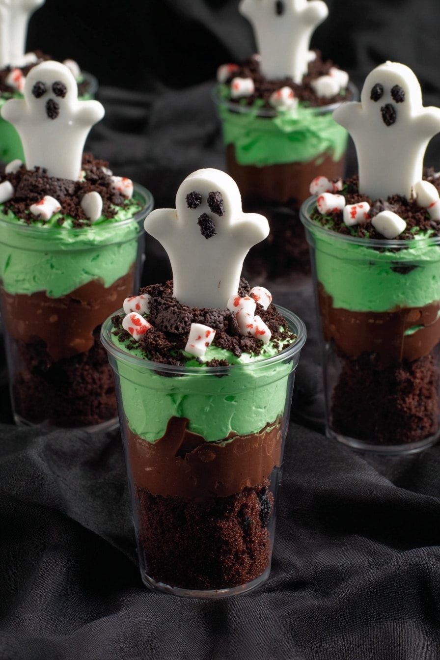 Boo Halloween Dessert Cups, Halloween dessert ideas, spooky Halloween treats, easy Halloween desserts, Halloween party dessert - This image shows six clear cups filled with a Halloween-themed dessert, placed on a black cloth. Each cup has three visible layers: the bottom layer is dark brown, crumbly, and looks like crushed cake or dirt; the middle layer is smooth and thick dark brown pudding; the top layer is bright green whipped cream or frosting. On top of the green layer, there are small bone-shaped white candies with red specks scattered, along with dark crumbly bits. Standing upright in each cup is a white ghost-shaped cookie with black eyes and mouth, giving a spooky look. Photo taken with an iphone --ar 2:3 --v 7